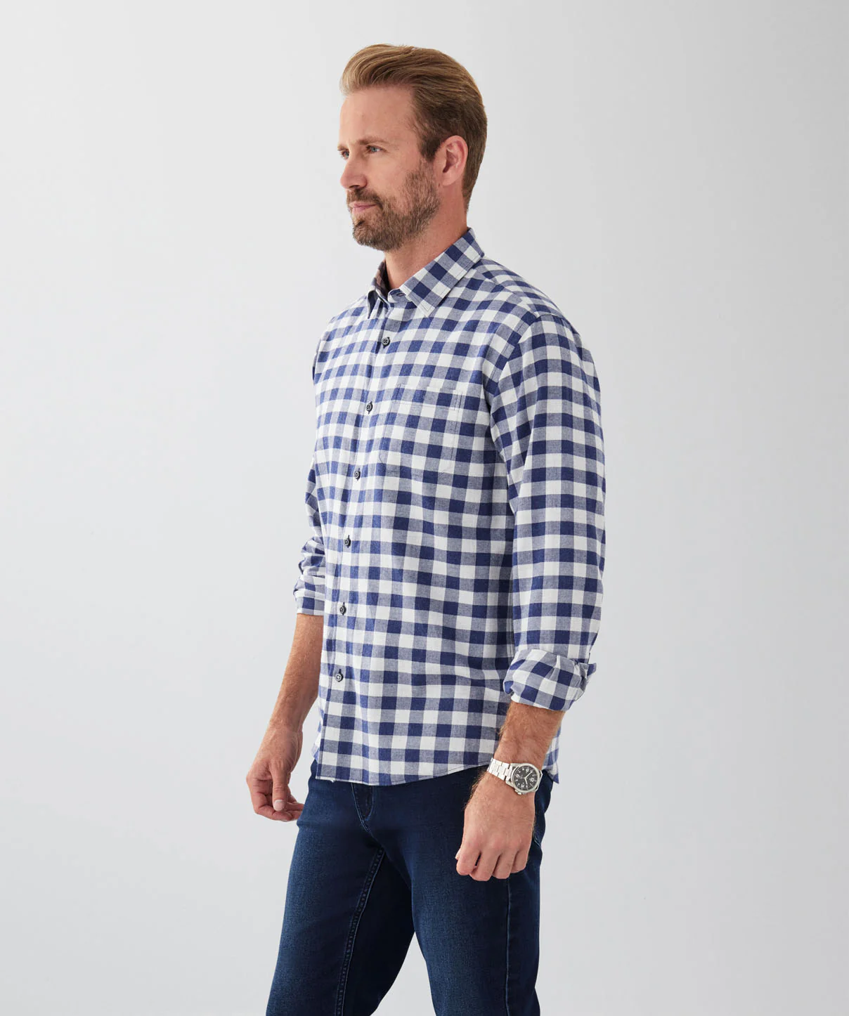 Brushed Box Check Long Sleeve Shirt - Denim - Image 5