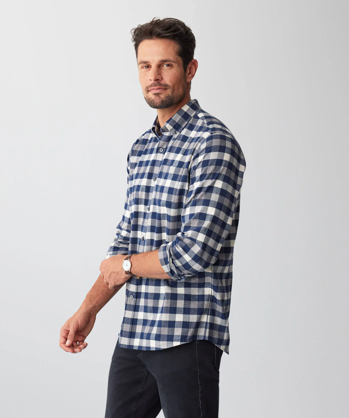 Brushed Box Twill Check Long Sleeve Shirt - Charcoal - Image 5