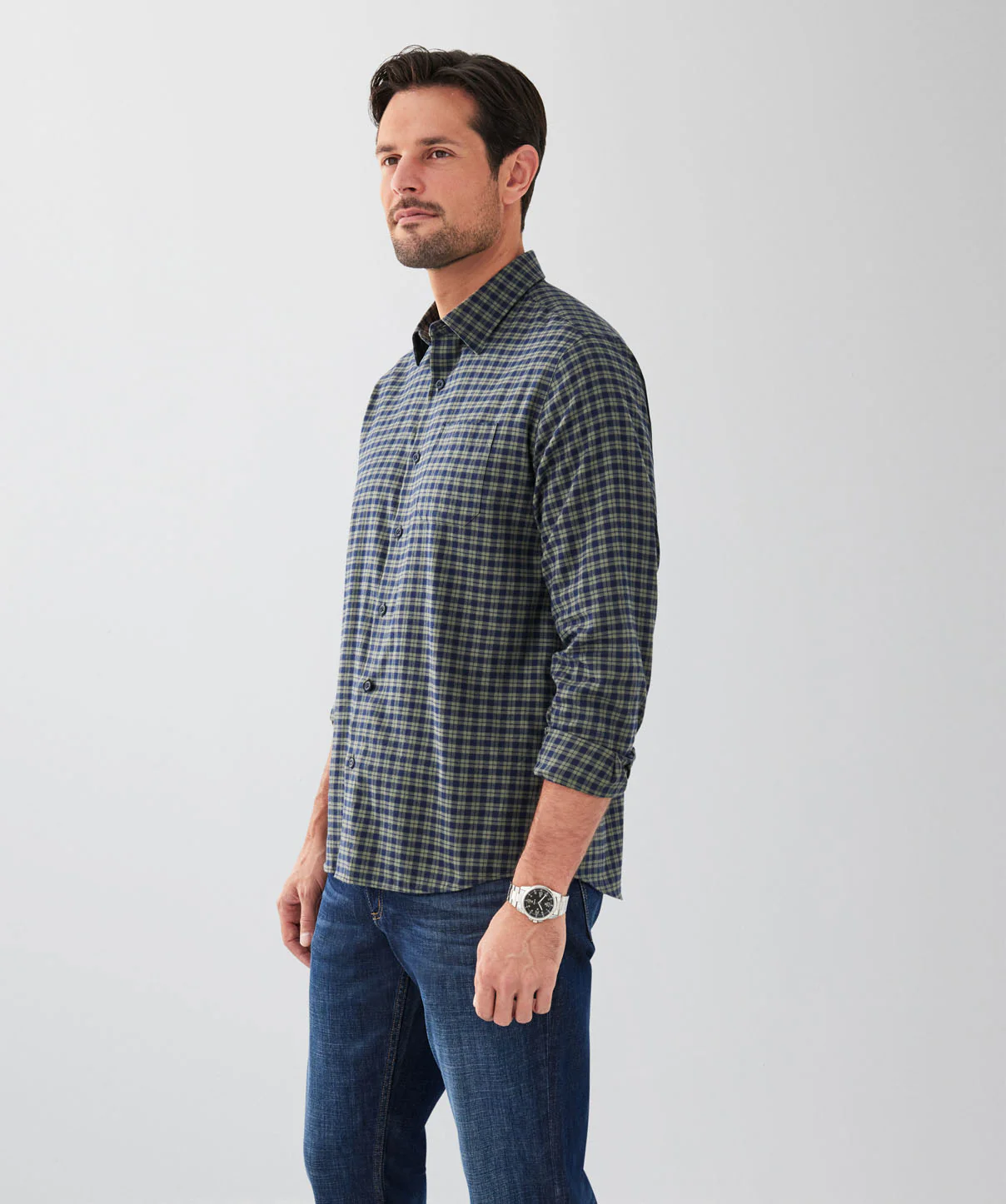 Brushed Grid Check Long Sleeve Shirt - Dark Olive - Image 5