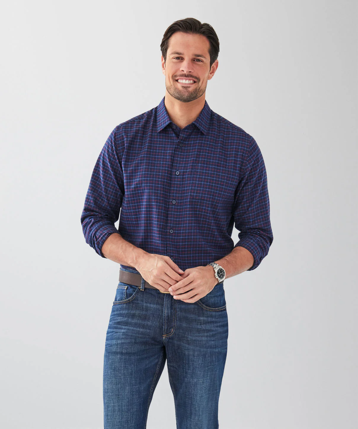 Brushed Grid Check Long Sleeve Shirt - Navy