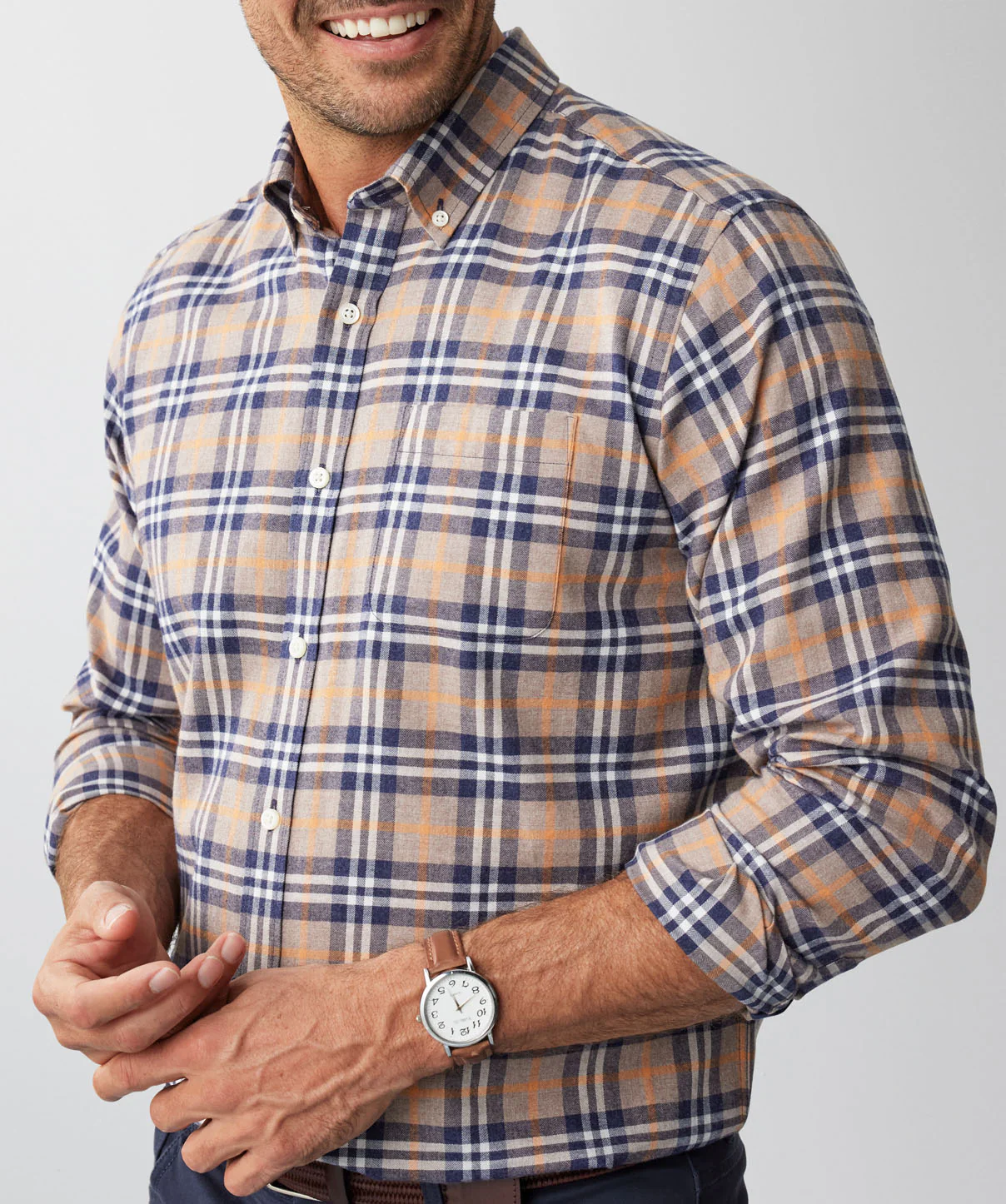 Brushed Herringbone Check Long Sleeve Shirt - Taupe - Image 4