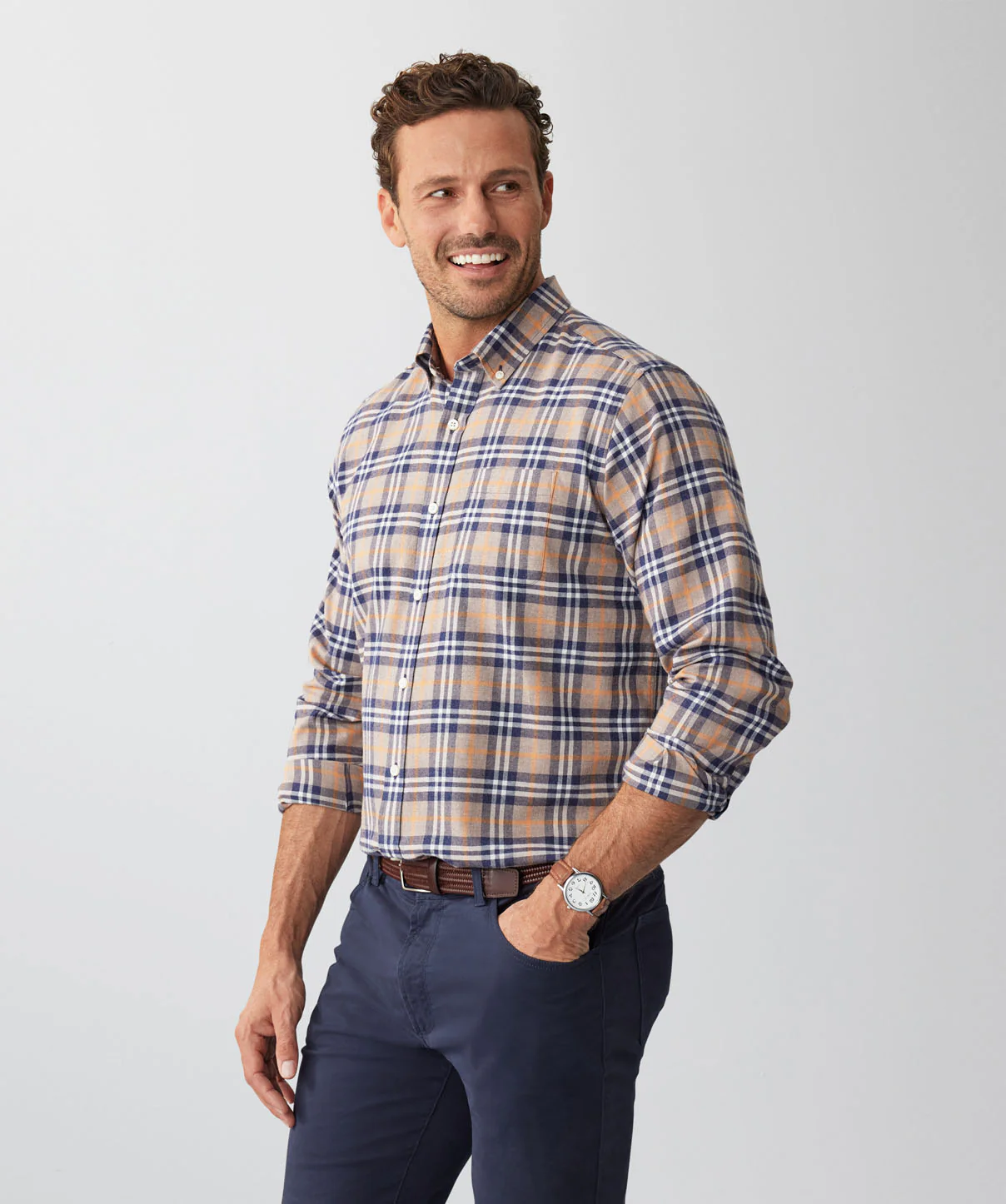 Brushed Herringbone Check Long Sleeve Shirt - Taupe - Image 5