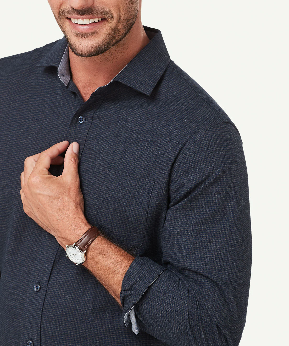 Brushed Twill Houndstooth Long Sleeve Shirt - Navy - Image 4