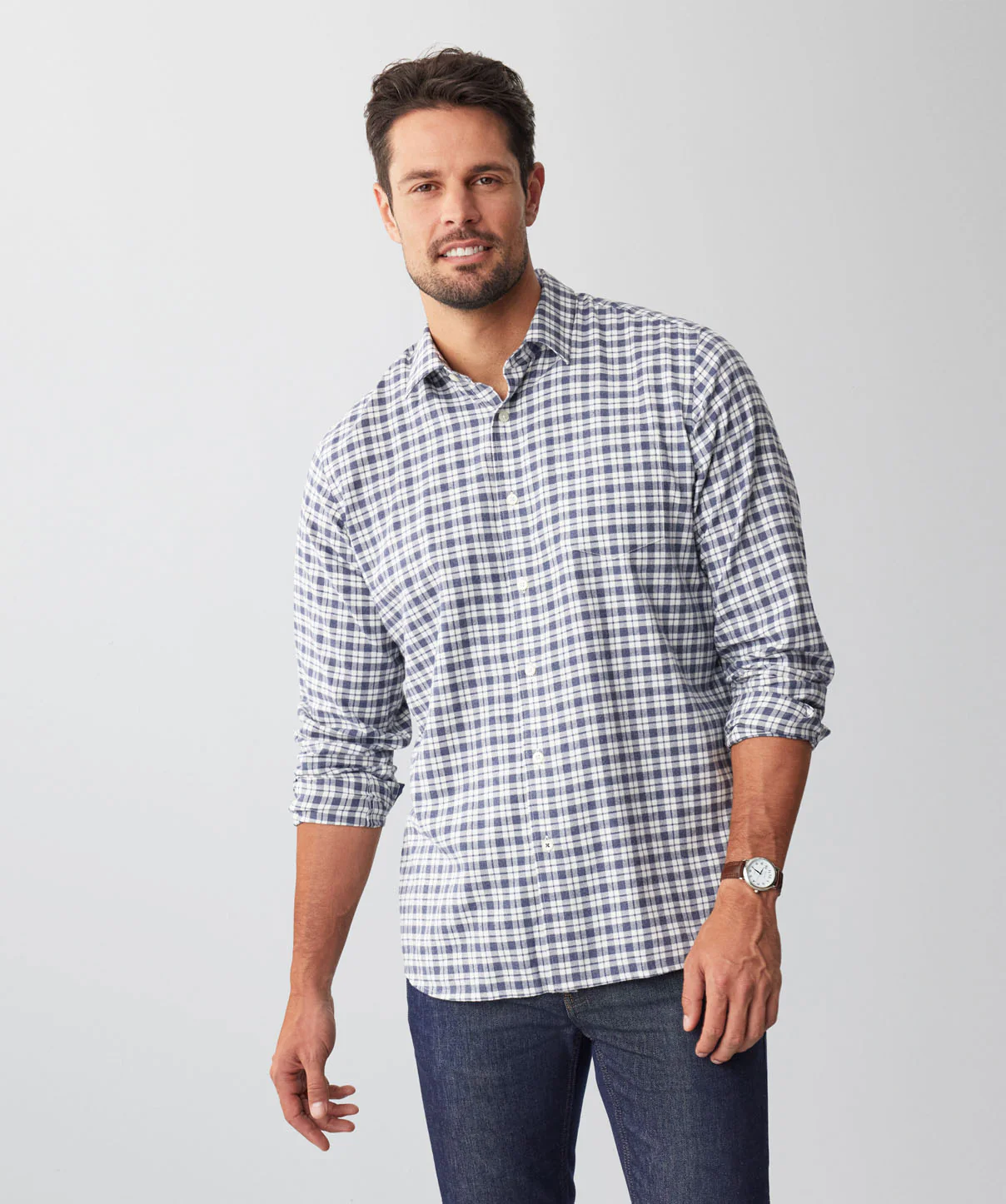 Brushed Twill Melange Check Long Sleeve Shirt - Navy Melange