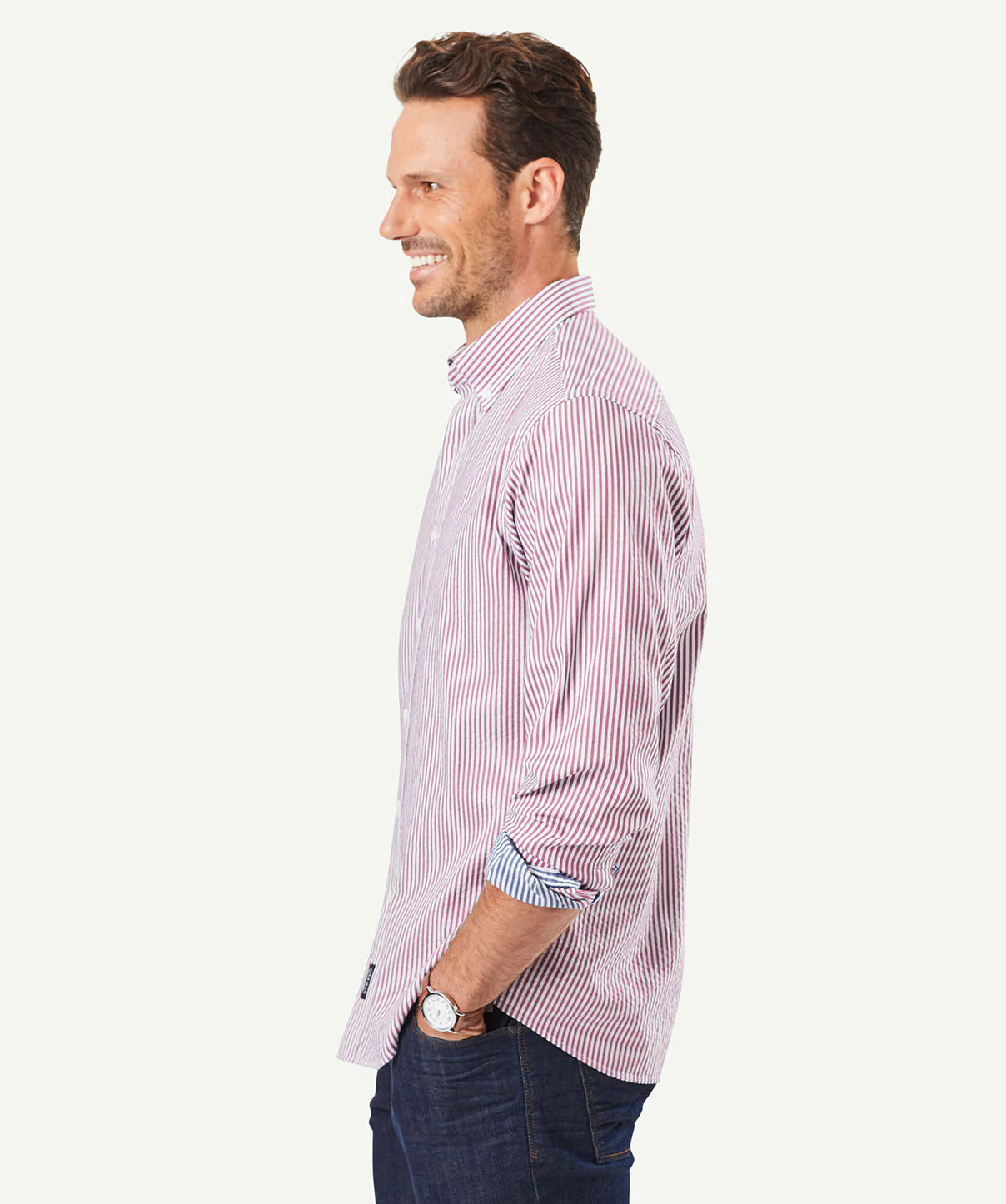 Casual Double Faced Stripe Long Sleeve Shirt - Red/Navy - Image 5