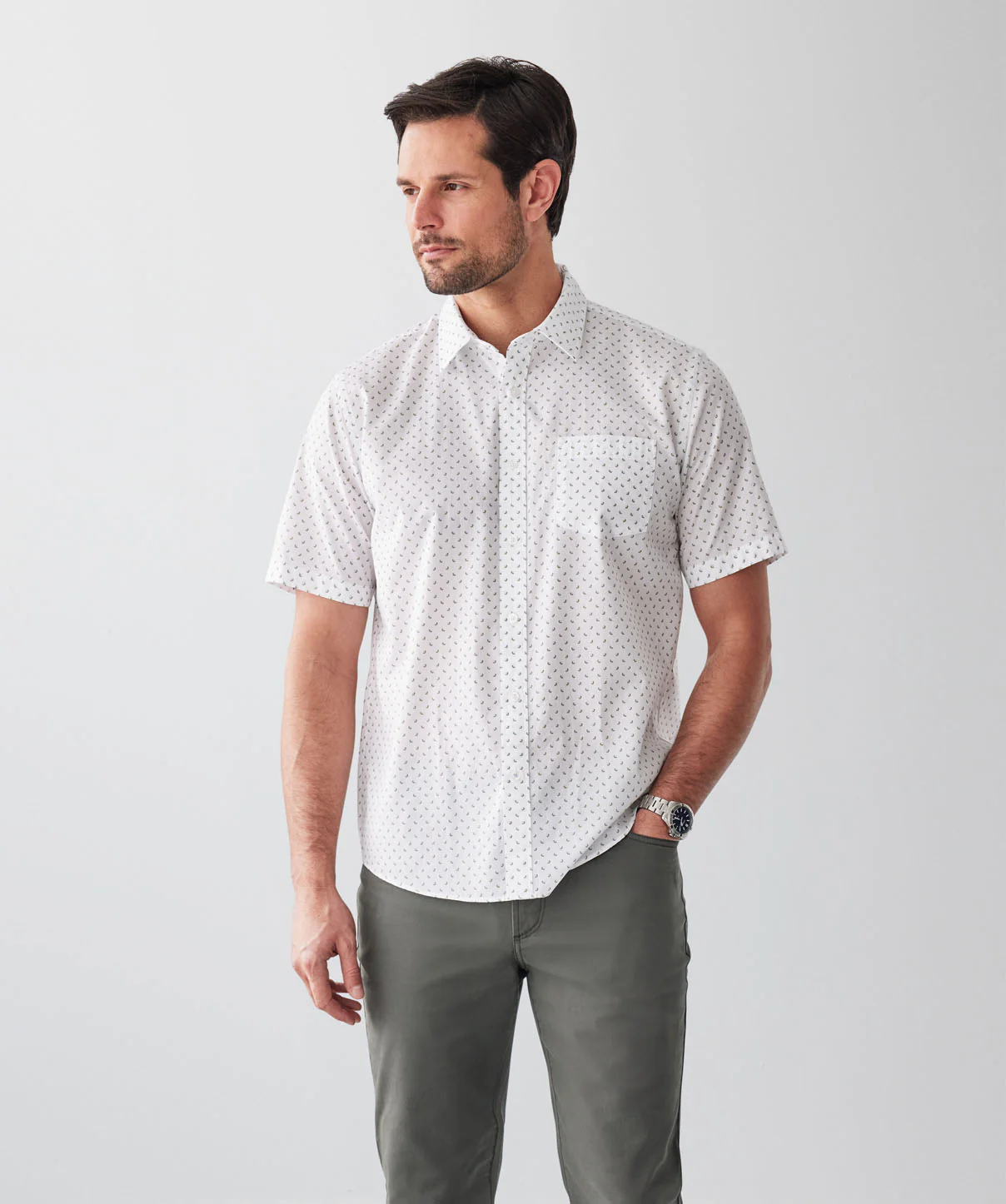 Casual Geo Floral Print Short Sleeve Shirt - White
