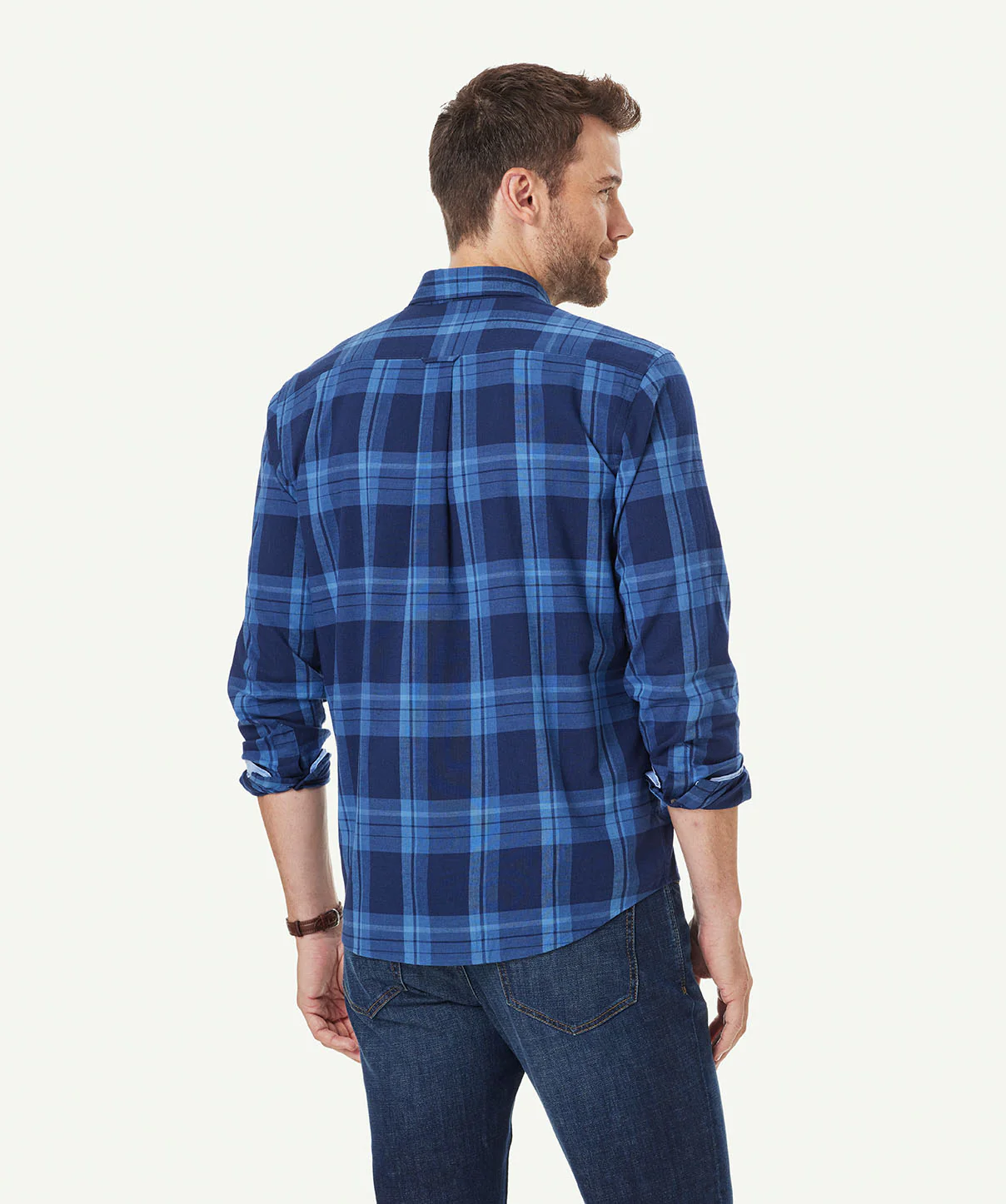 Casual Indigo Slub Check Long Sleeve Shirt - Navy - Image 3