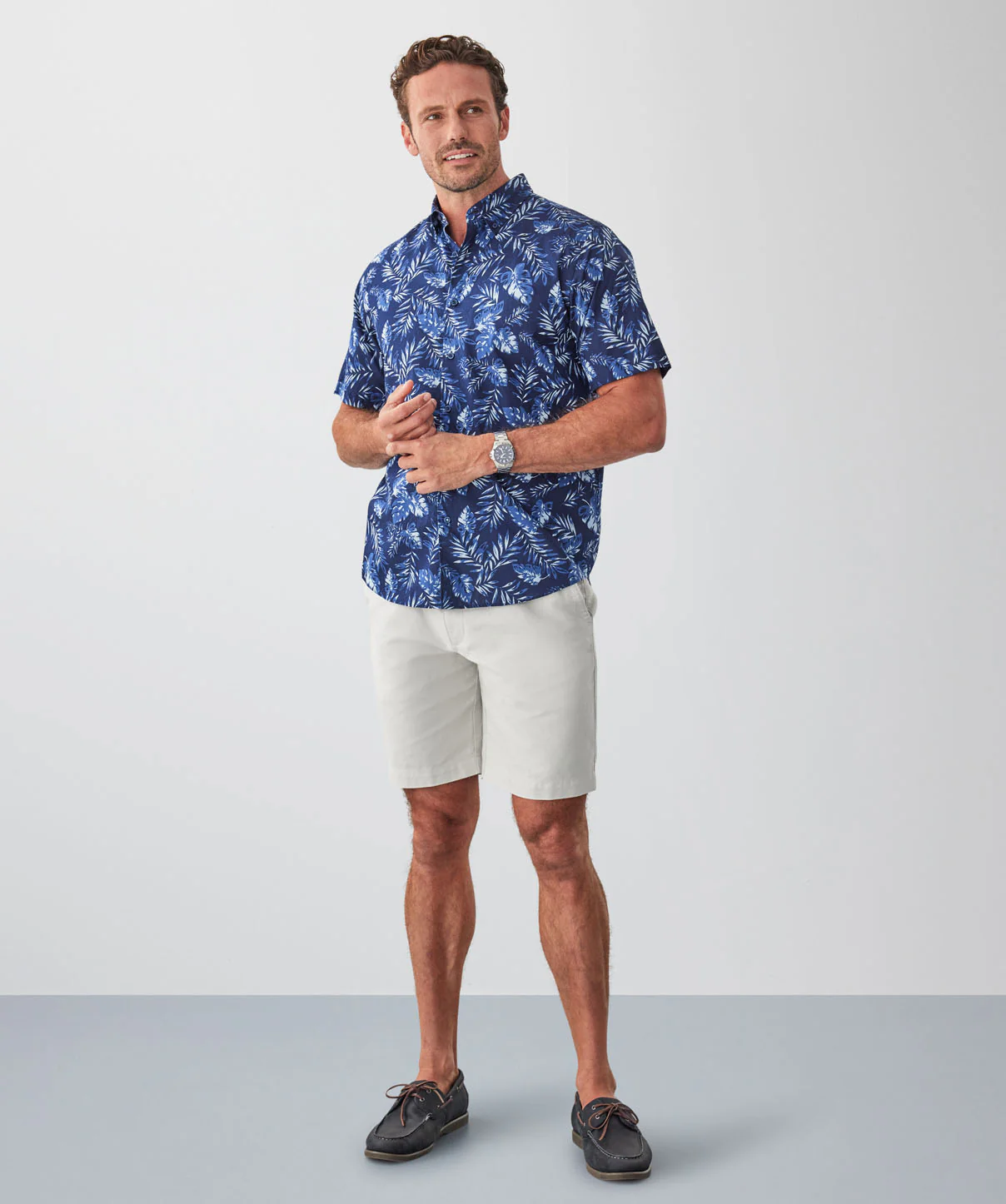 Casual Leaf Print Short Sleeve Shirt - Navy - Image 4