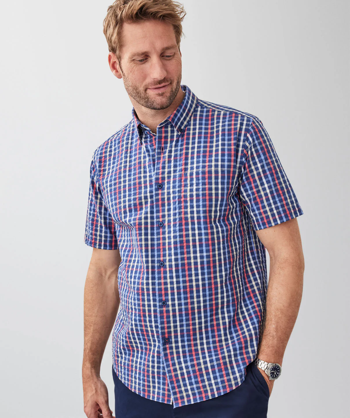 Casual Seersucker Check Short Sleeve Shirt - Navy - Image 3