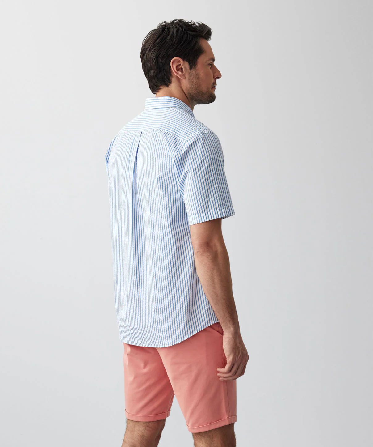 Casual Seersucker Stripe Short Sleeve Shirt - Blue - Image 3