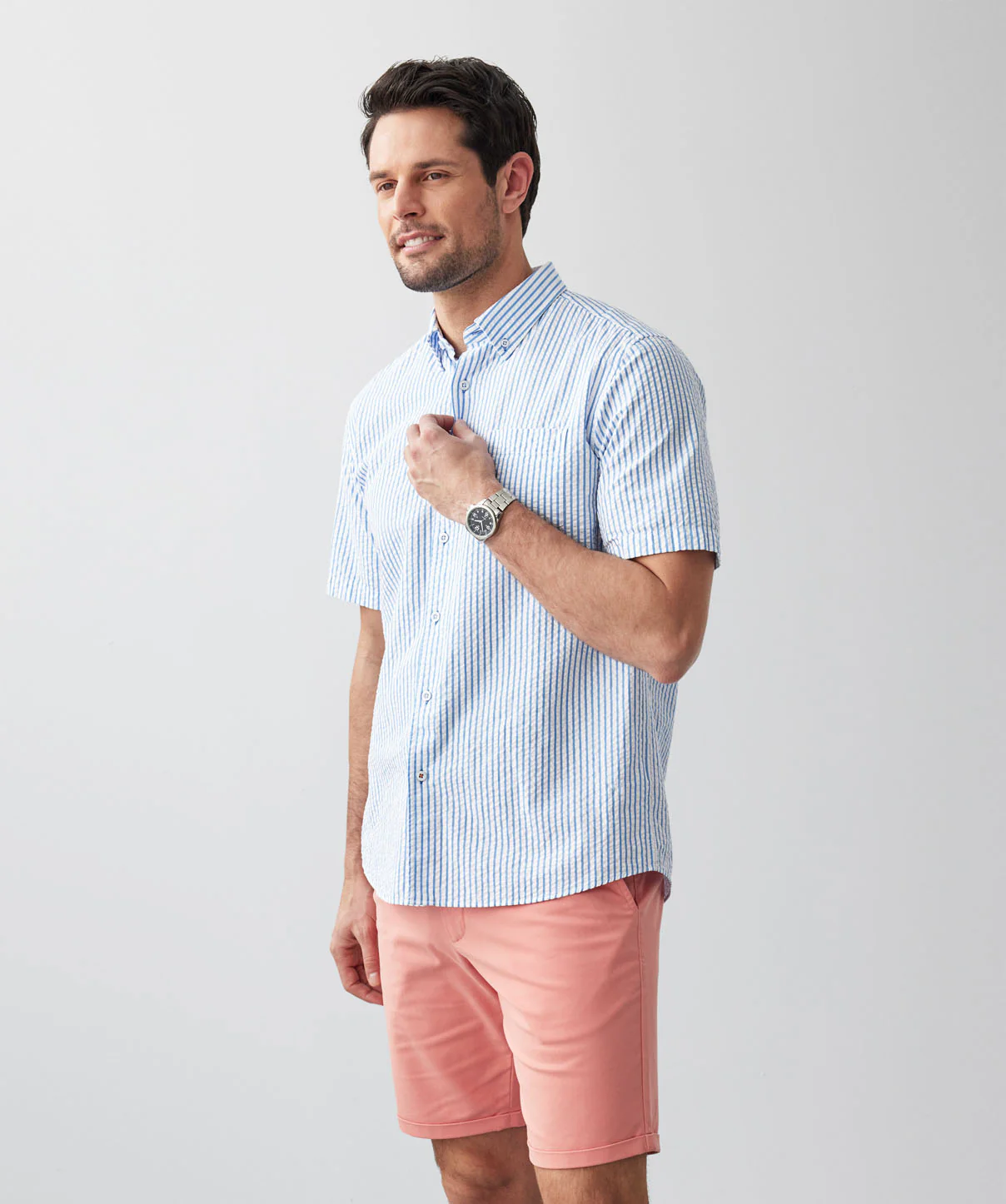 Casual Seersucker Stripe Short Sleeve Shirt - Blue - Image 6