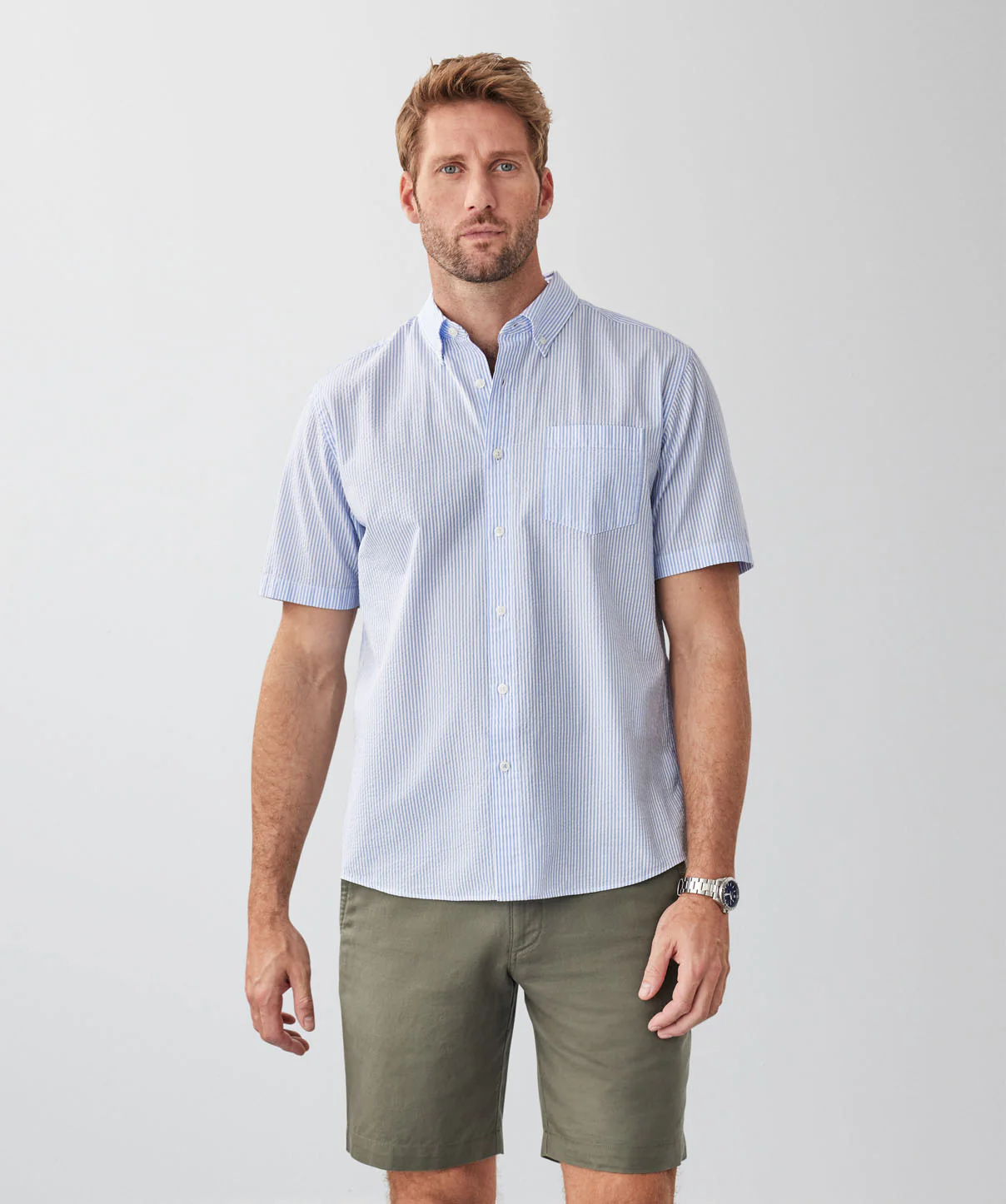 Casual Seersucker Stripe Short Sleeve Shirt - Sky Blue