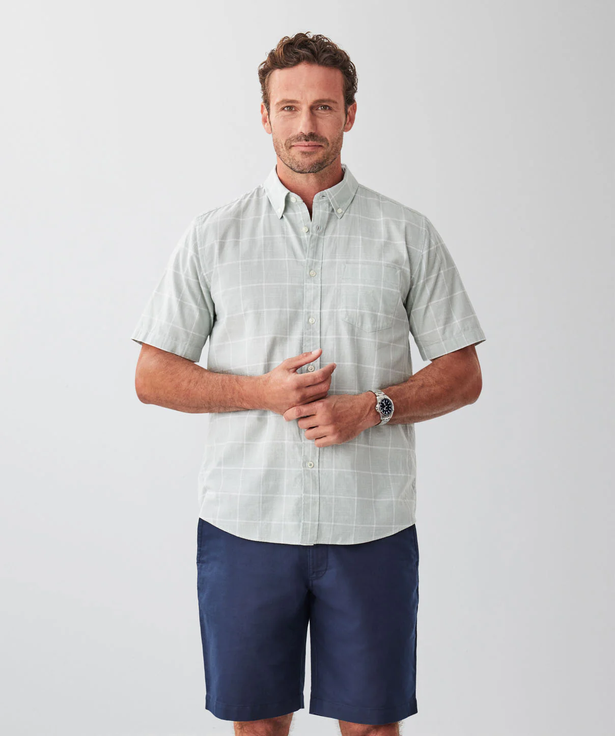 Casual Slub Check Short Sleeve Shirt - Sage