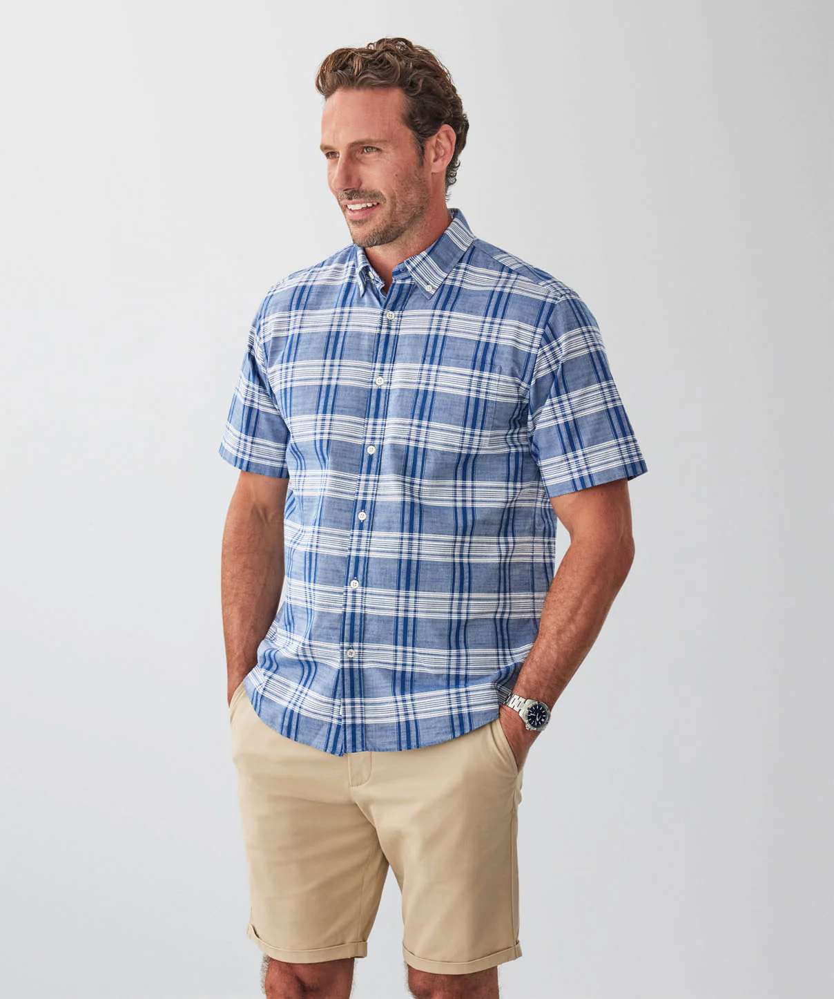Casual Slub Multi Check Short Sleeve Shirt - Blue - Image 5