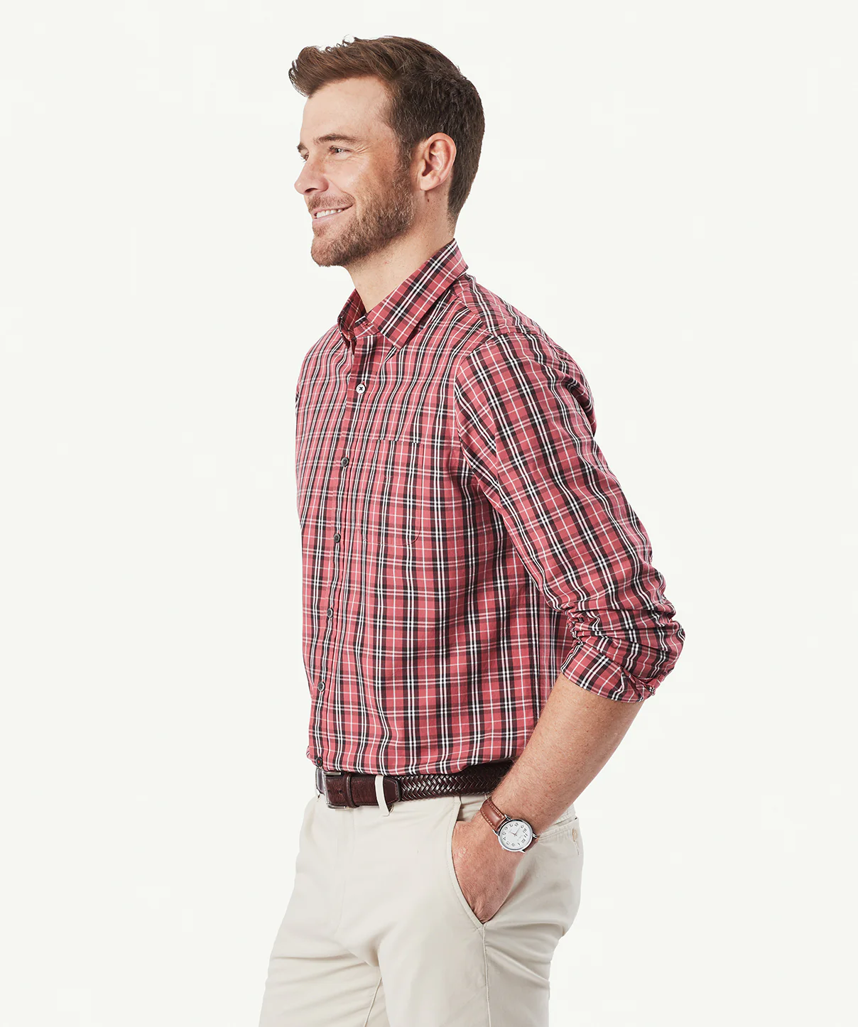 Casual Stretch Check Long Sleeve Shirt - Washed Red - Image 5