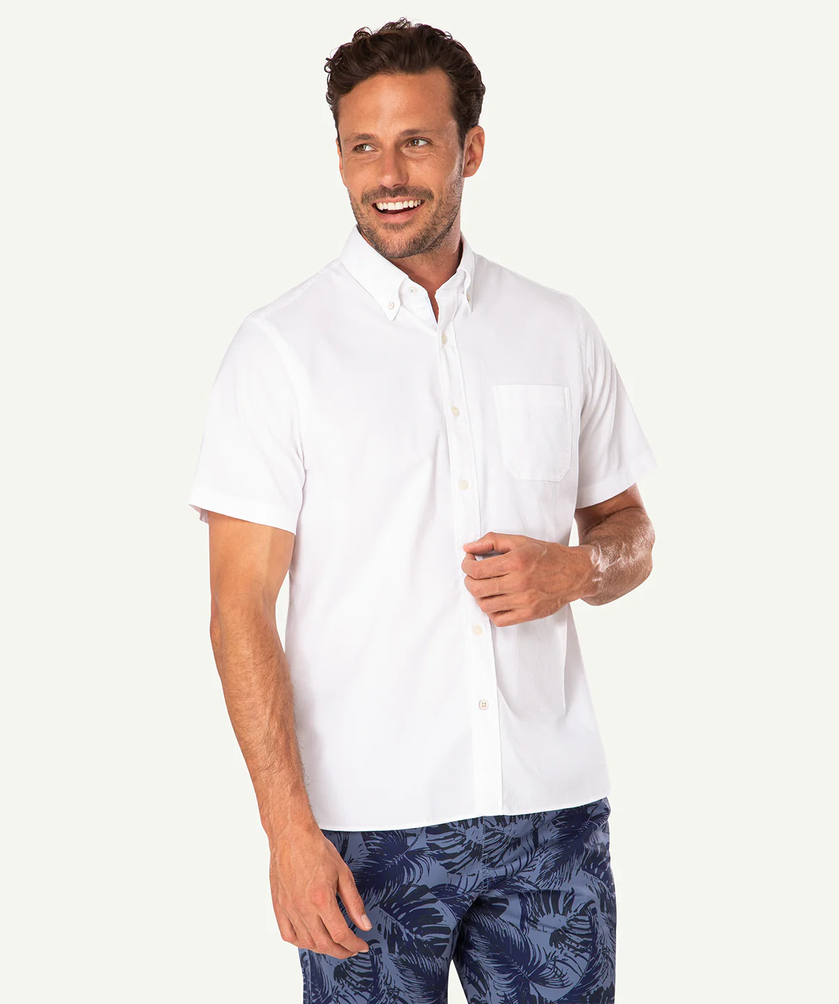 Casual Stretch Plain Oxford Short Sleeve Shirt - White