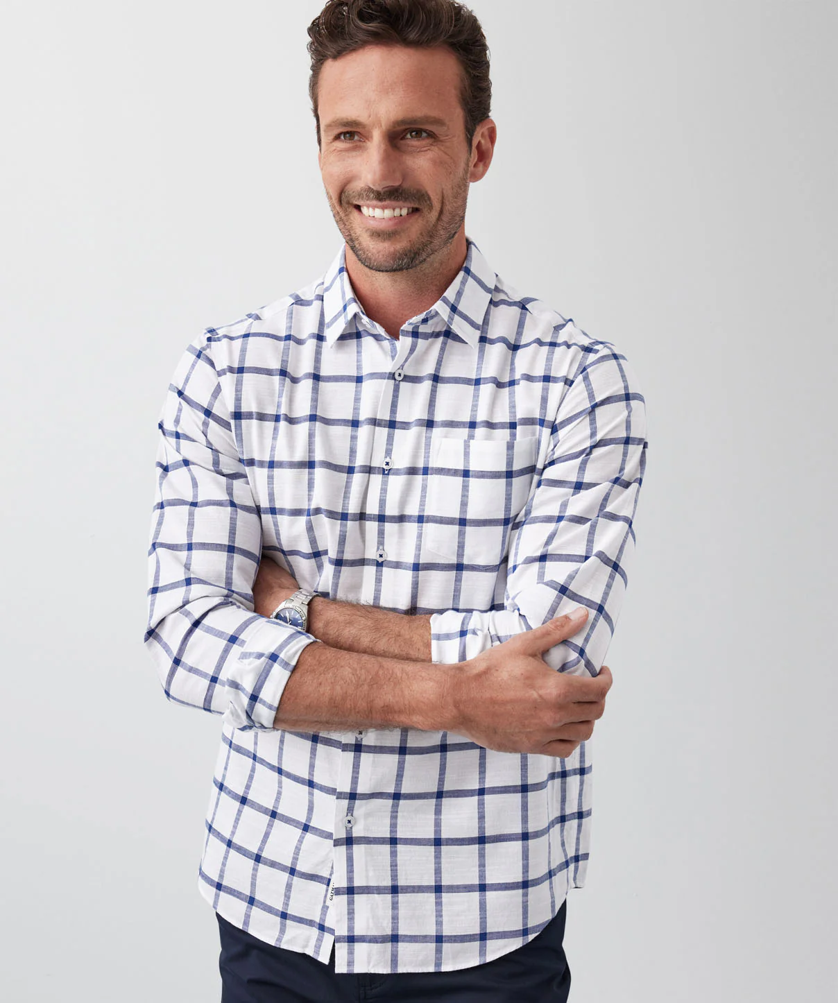Casual Window Pane Check Long Sleeve Shirt - White - Image 4