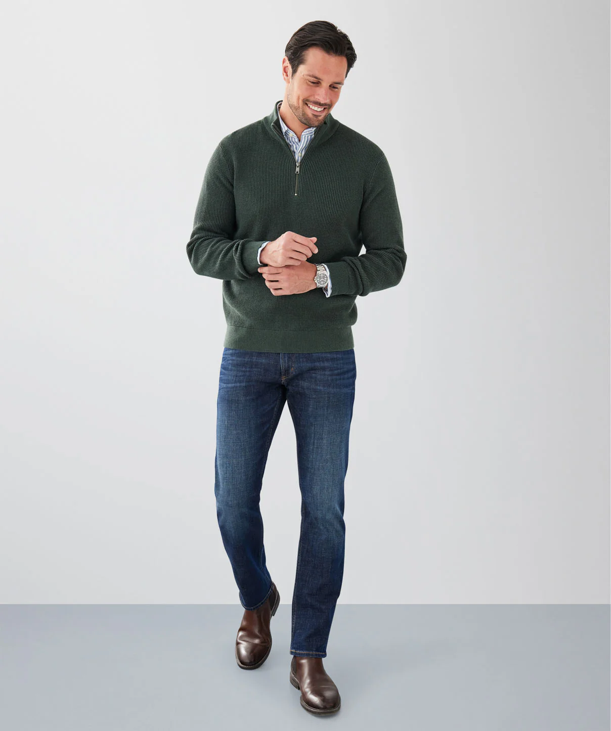 Cotton Waffle Half Zip Knit - Forest - Image 4
