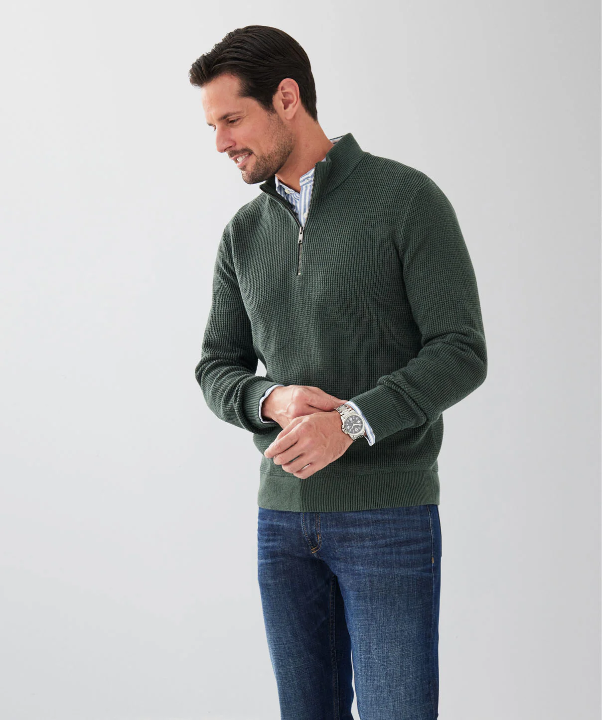 Cotton Waffle Half Zip Knit - Forest - Image 5