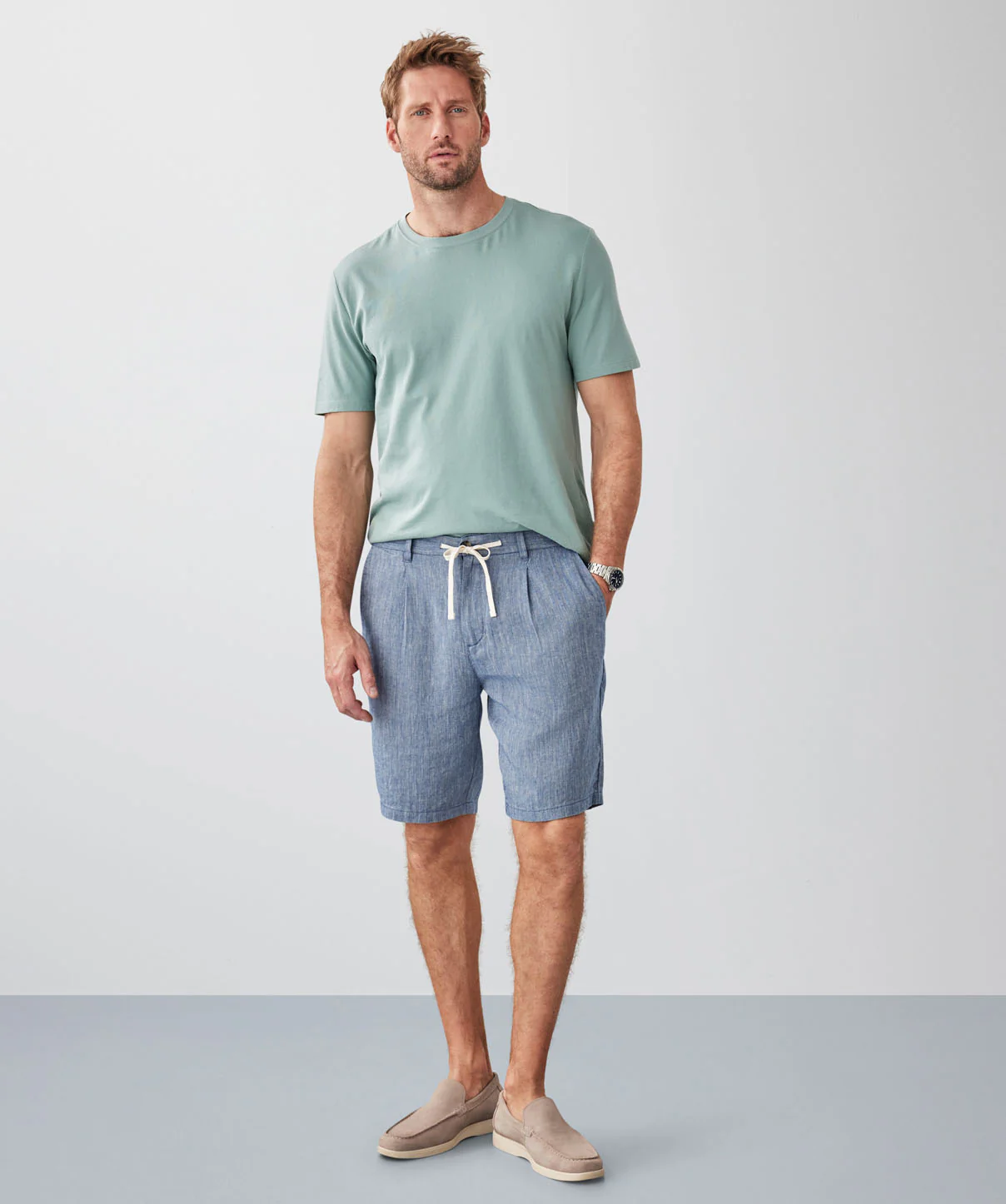 Drawstring Linen Blend Shorts - Denim Mix - Image 4
