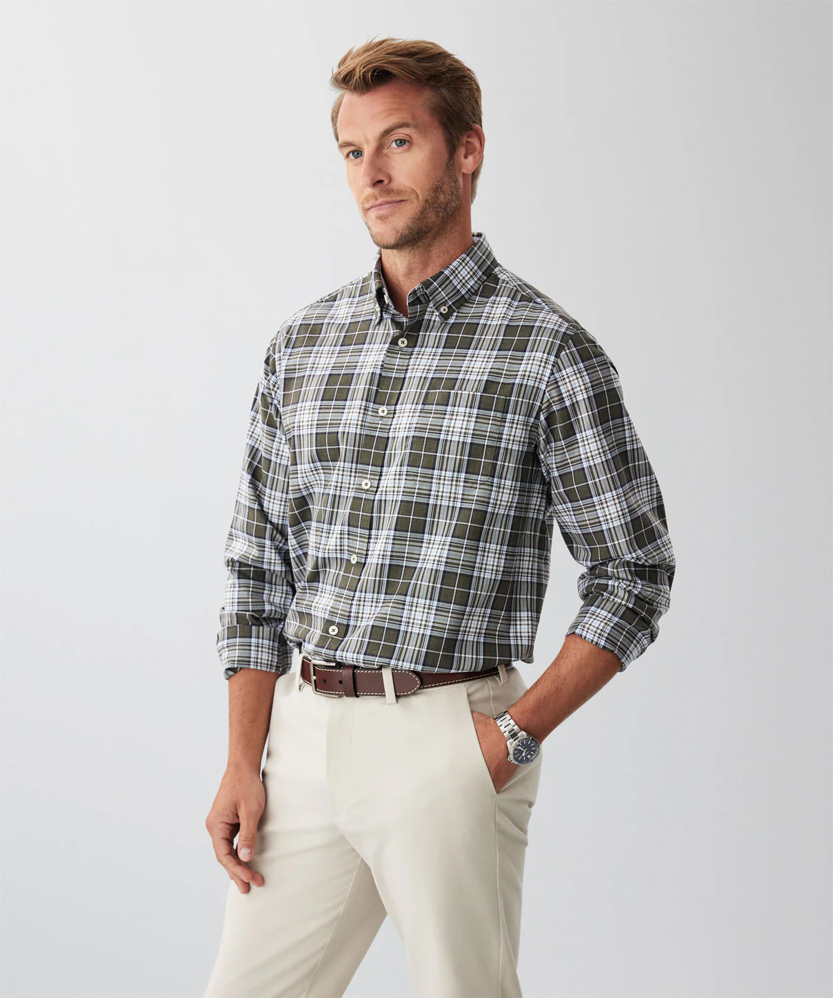 Easy Care Check Long Sleeve Shirt - Dark Olive - Image 5