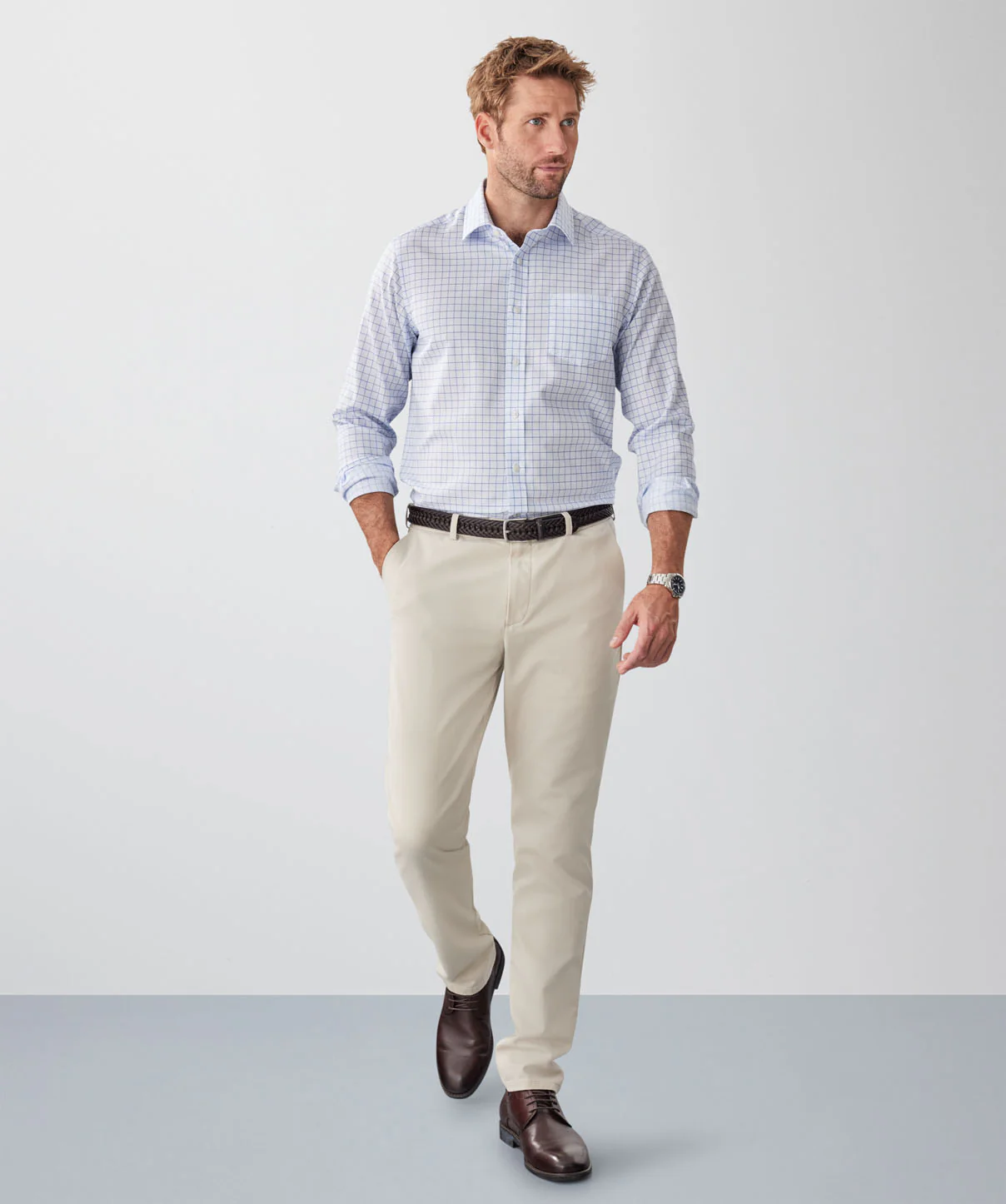 Easy Care Dobby Check Long Sleeve Shirt - Sky Blue - Image 4