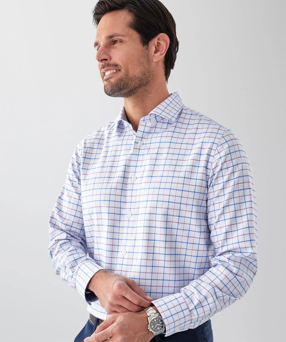 Easy Care Dobby Check Long Sleeve Shirt - Sky Blue - Image 3