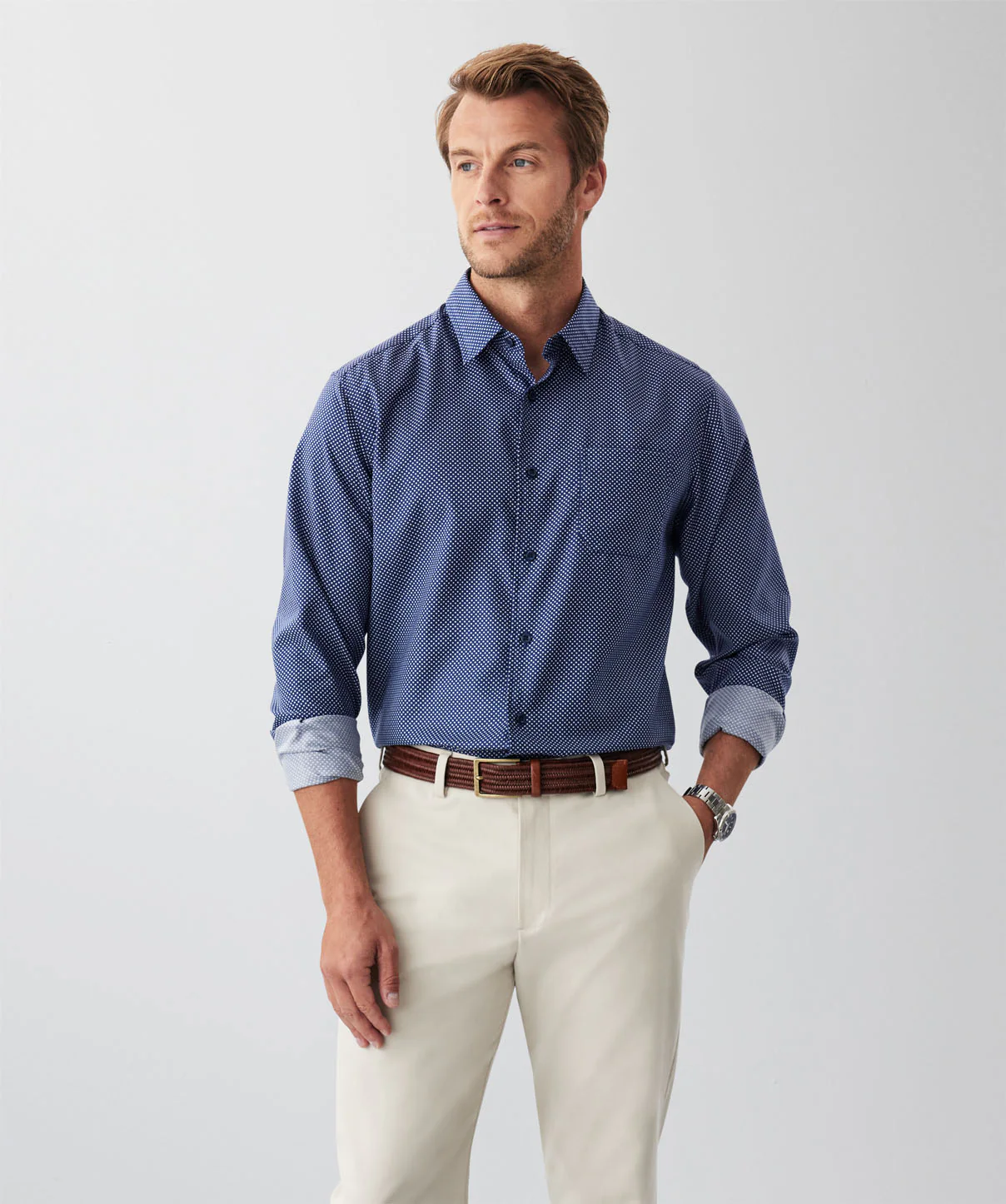 Easy Care Geo Print Long Sleeve Shirt - Navy