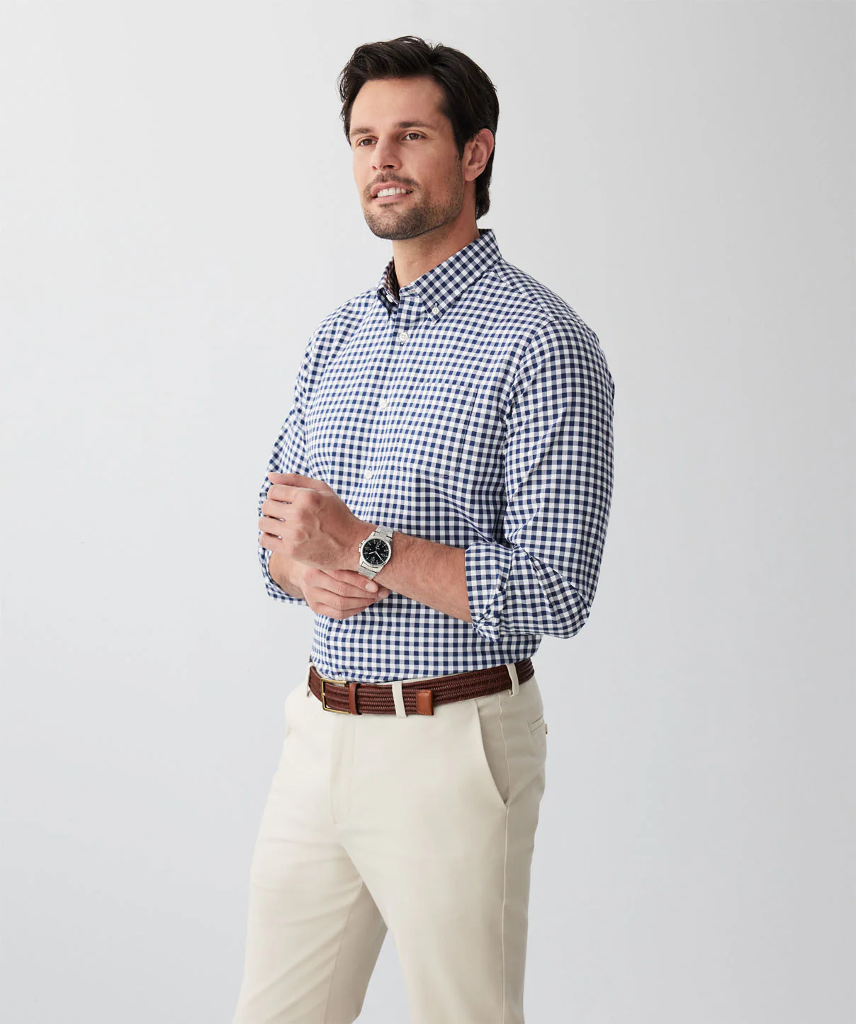Easy Care Herringbone Check Long Sleeve Shirt - Navy - Image 5
