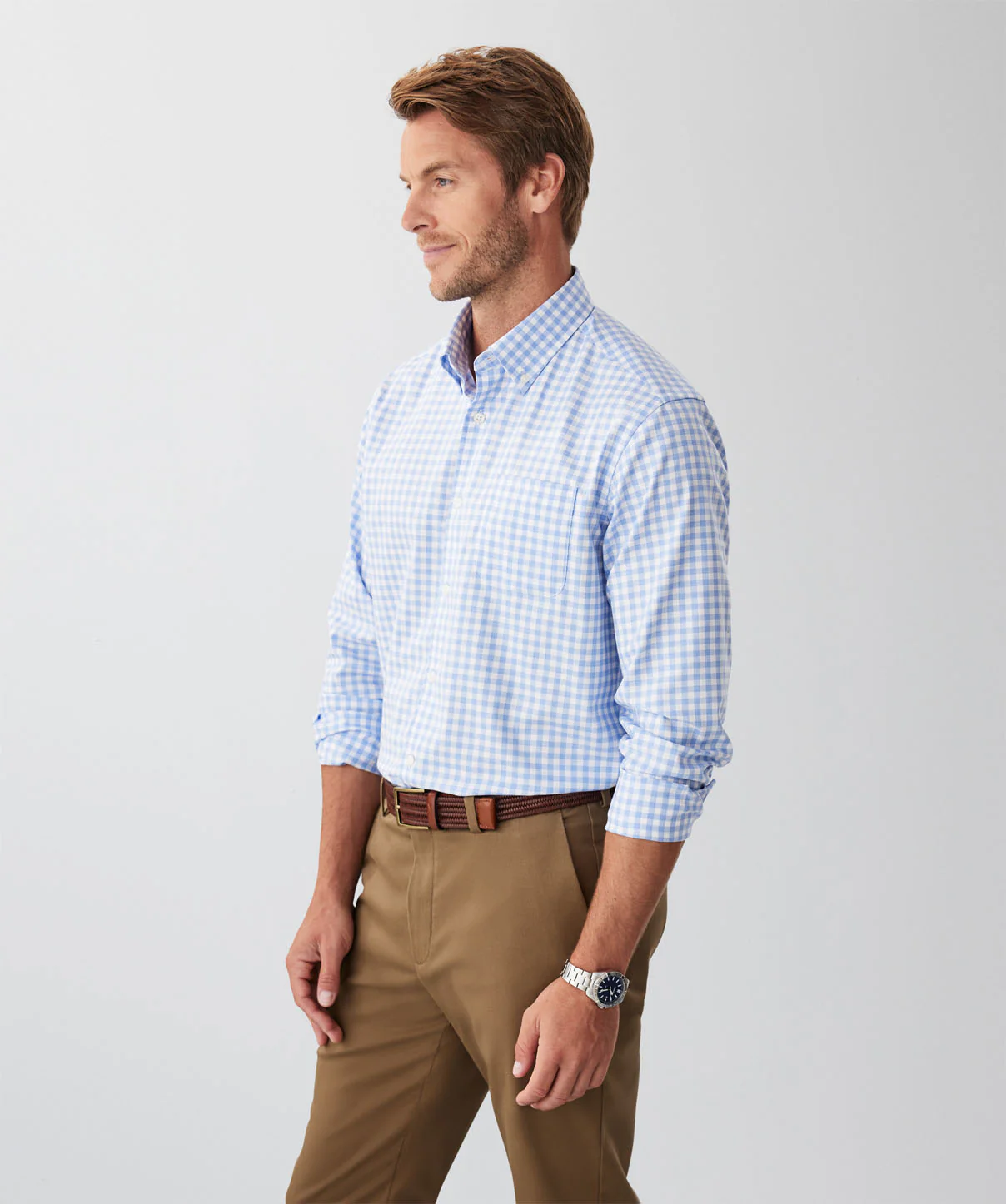 Easy Care Herringbone Check Long Sleeve Shirt - Sky Blue - Image 5