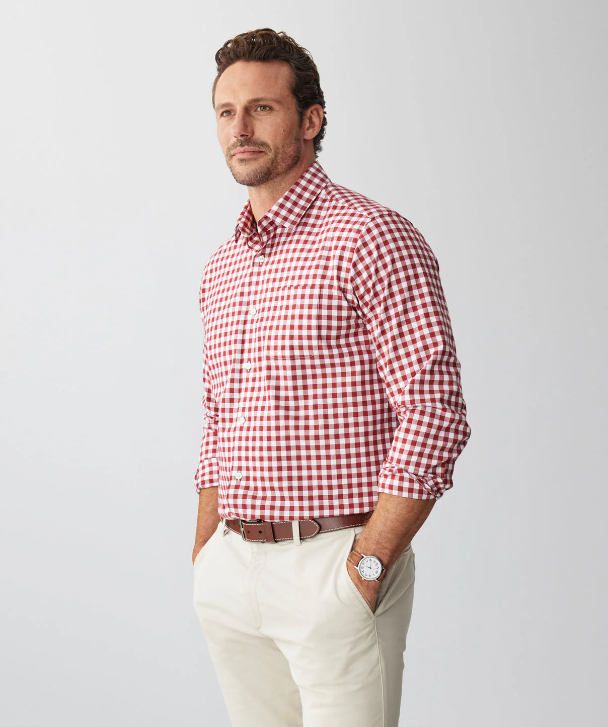Easy Care Melange Gingham Long Sleeve Shirt - Red - Image 5