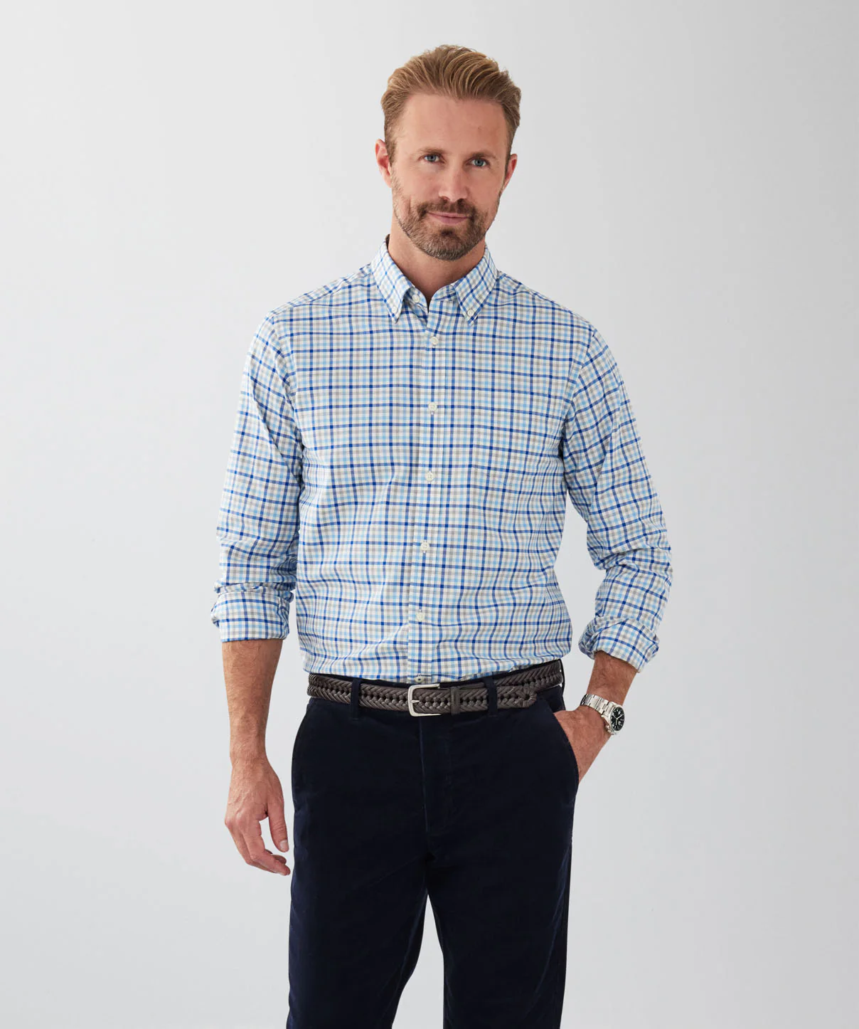 Easy Care Multi Check Long Sleeve Shirt - Blue