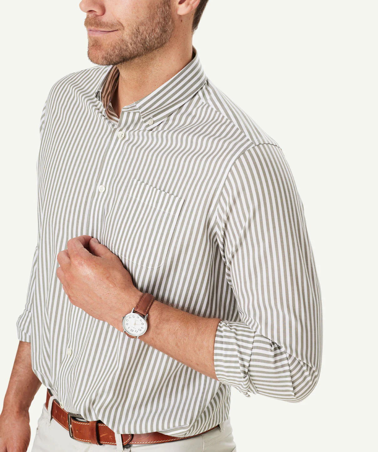 Easy Care Stretch Stripe Long Sleeve Shirt - Khaki - Image 4