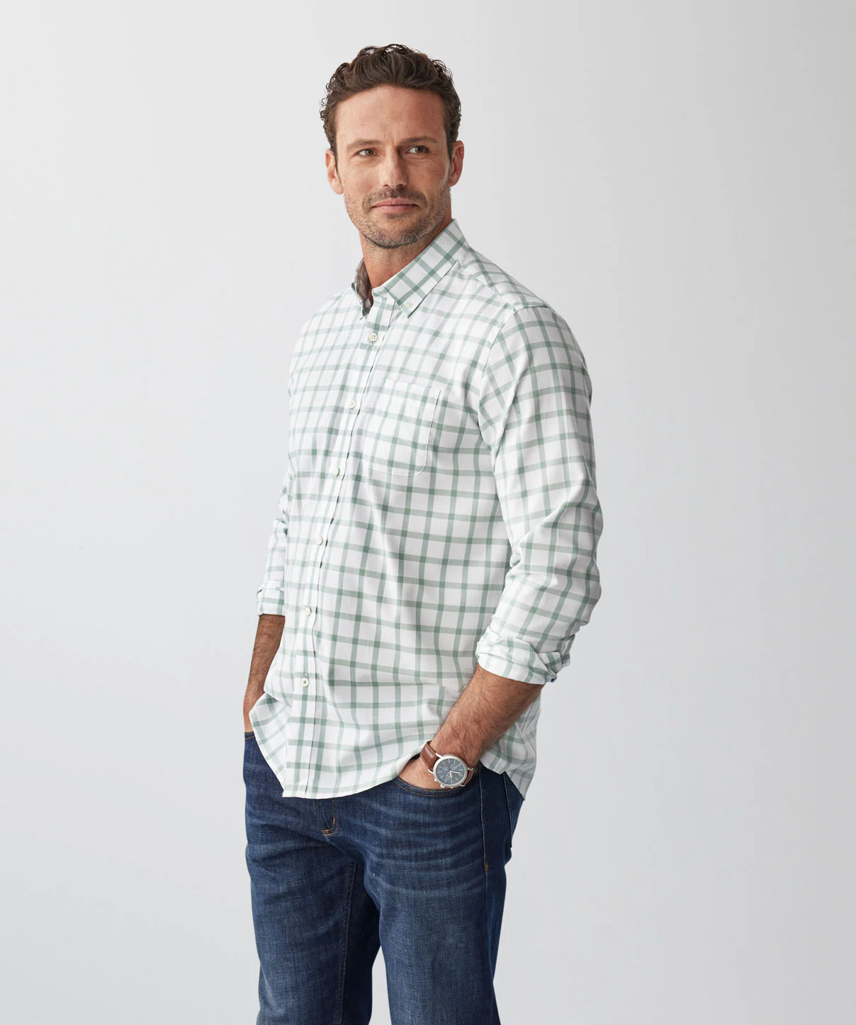 Easy Care Twill Check Long Sleeve Shirt - Sage - Image 6