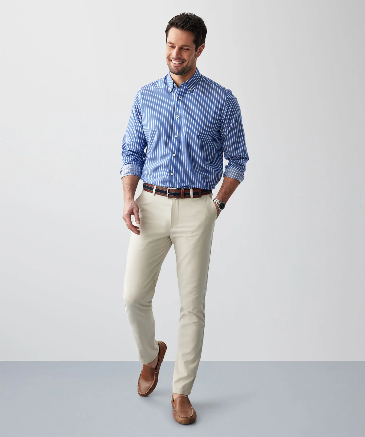 Easy Care Twill Stripe Long Sleeve Shirt - Royal - Image 5