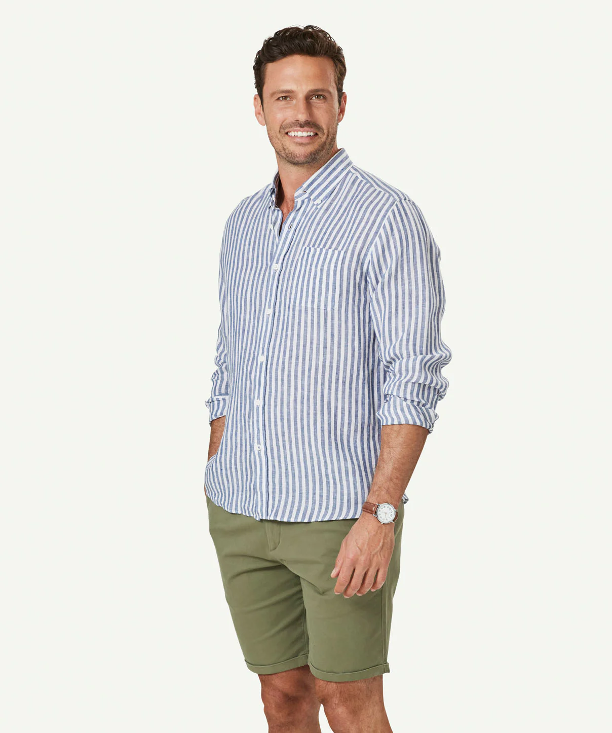 French Linen Stripe Long Sleeve Shirt - Navy - Image 5