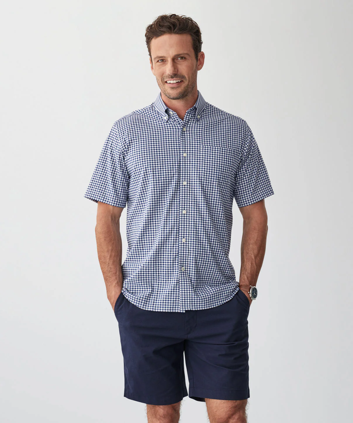GAZFLEX Performance Oxford Gingham Short Sleeve Shirt - Navy