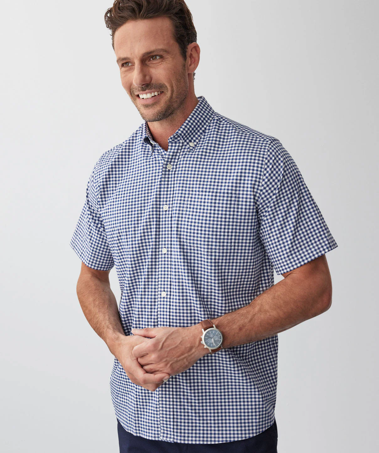 GAZFLEX Performance Oxford Gingham Short Sleeve Shirt - Navy - Image 4