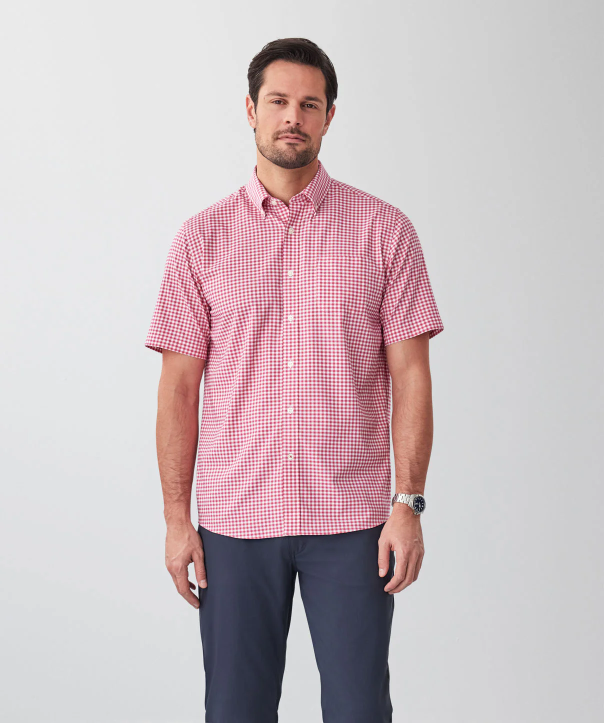 GAZFLEX Performance Oxford Gingham Short Sleeve Shirt - Raspberry