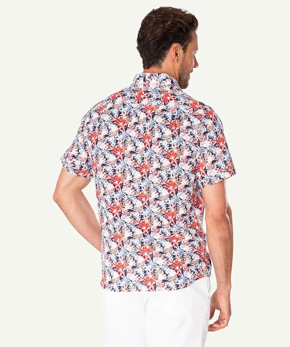 Leaf Printed Linen Blend Short Sleeve Shirt - Coral - Image 3