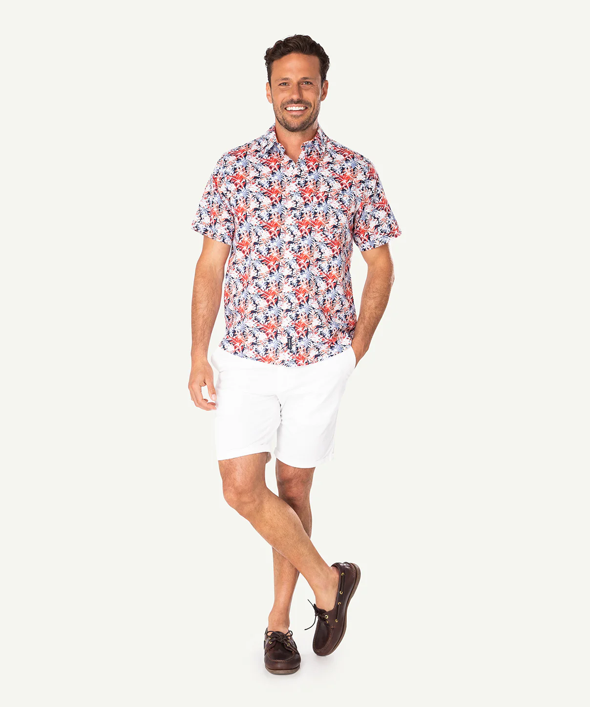 Leaf Printed Linen Blend Short Sleeve Shirt - Coral - Image 5