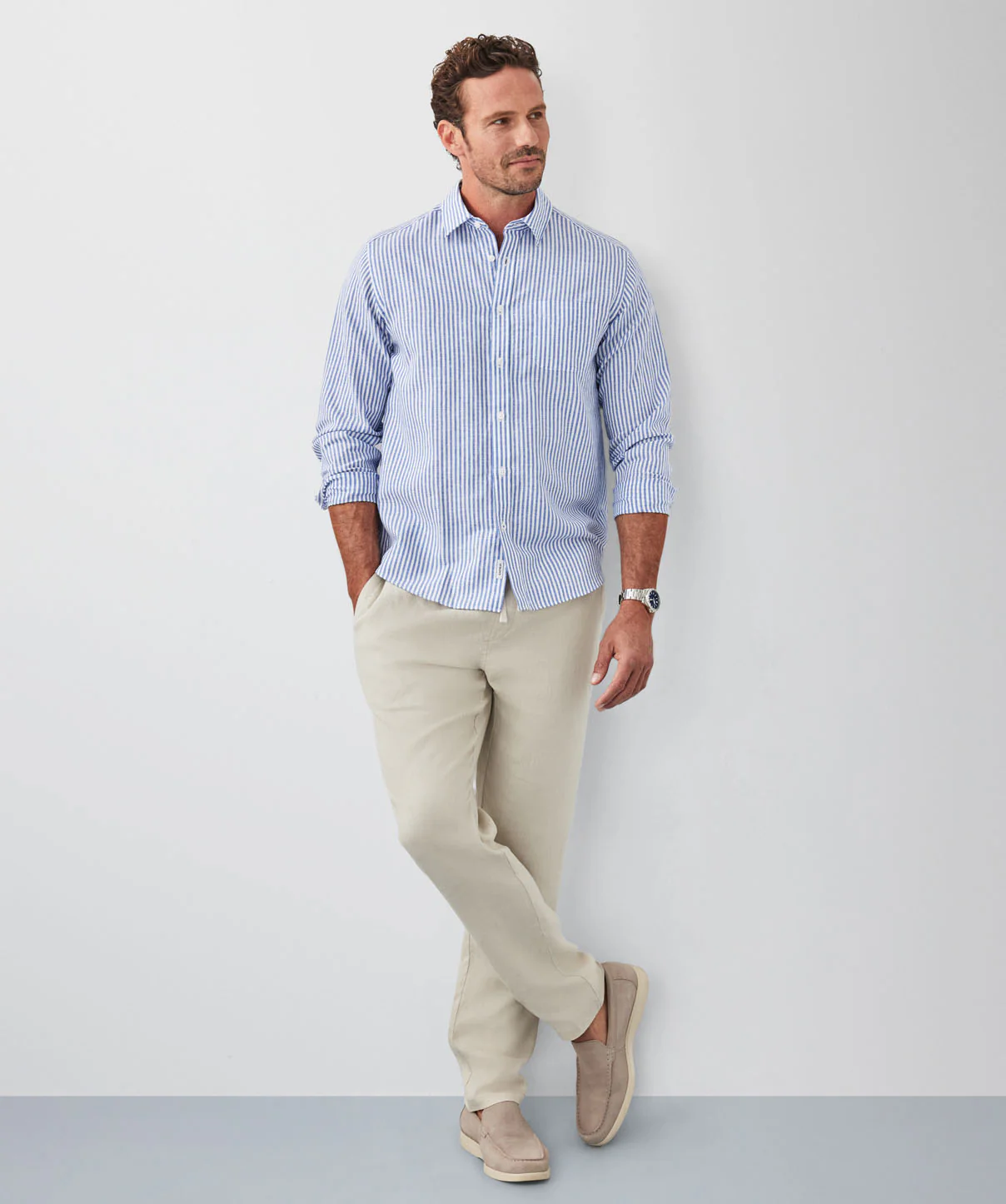 Linen Blend Bengal Stripe Long Sleeve Shirt - Blue - Image 4
