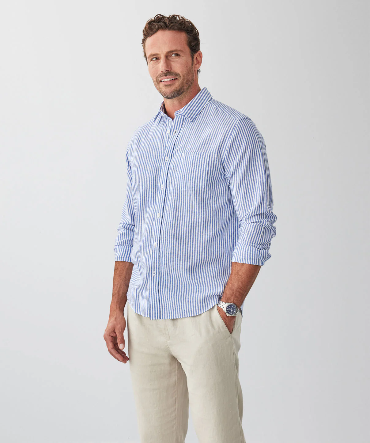 Linen Blend Bengal Stripe Long Sleeve Shirt - Blue - Image 5