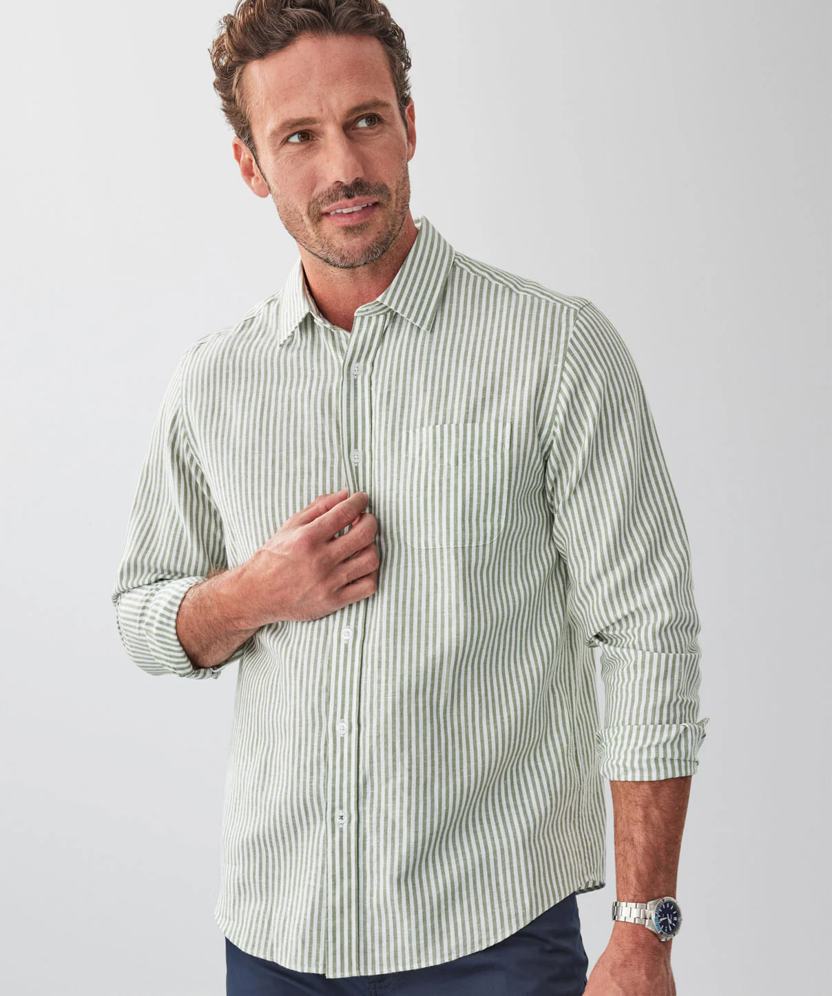Linen Blend Bengal Stripe Long Sleeve Shirt - Khaki - Image 3