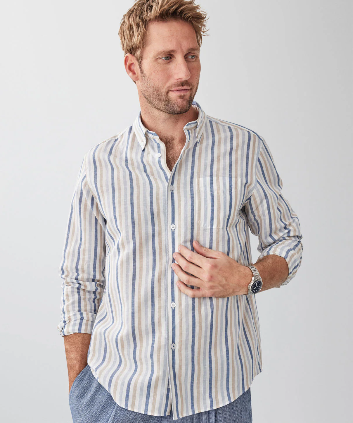 Linen Blend Bengal Stripe Long Sleeve Shirt - Multi Stripe - Image 4