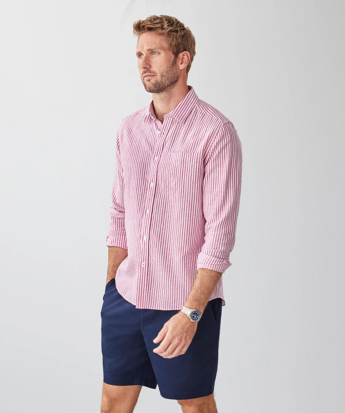 Linen Blend Bengal Stripe Long Sleeve Shirt - Raspberry - Image 5