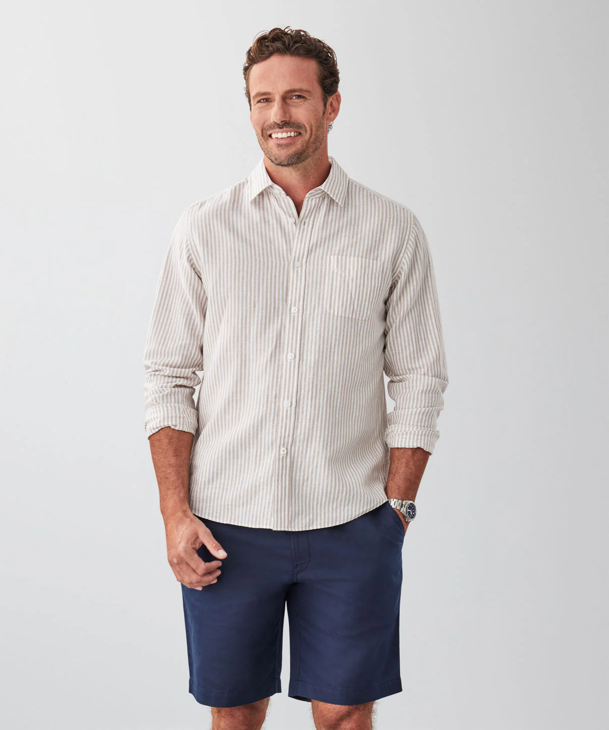 Linen Blend Bengal Stripe Long Sleeve Shirt - Taupe