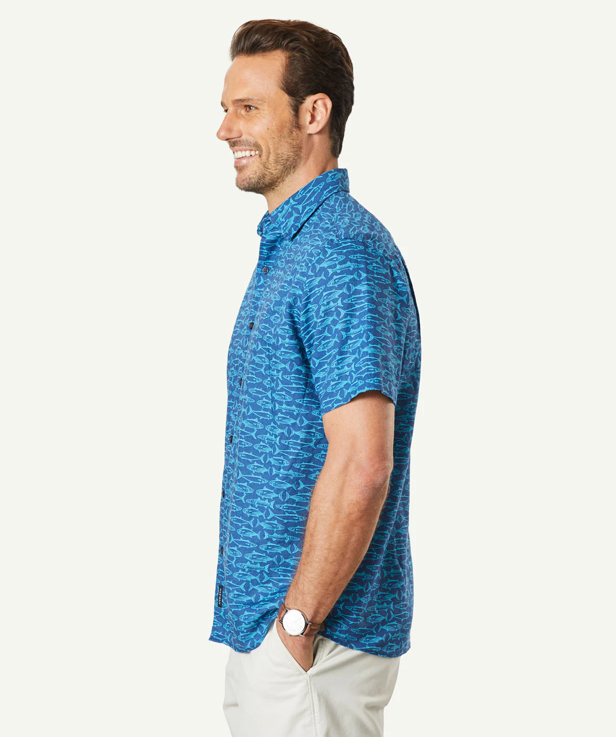 Linen Blend Fish Print Shirt - Nightshade - Image 5