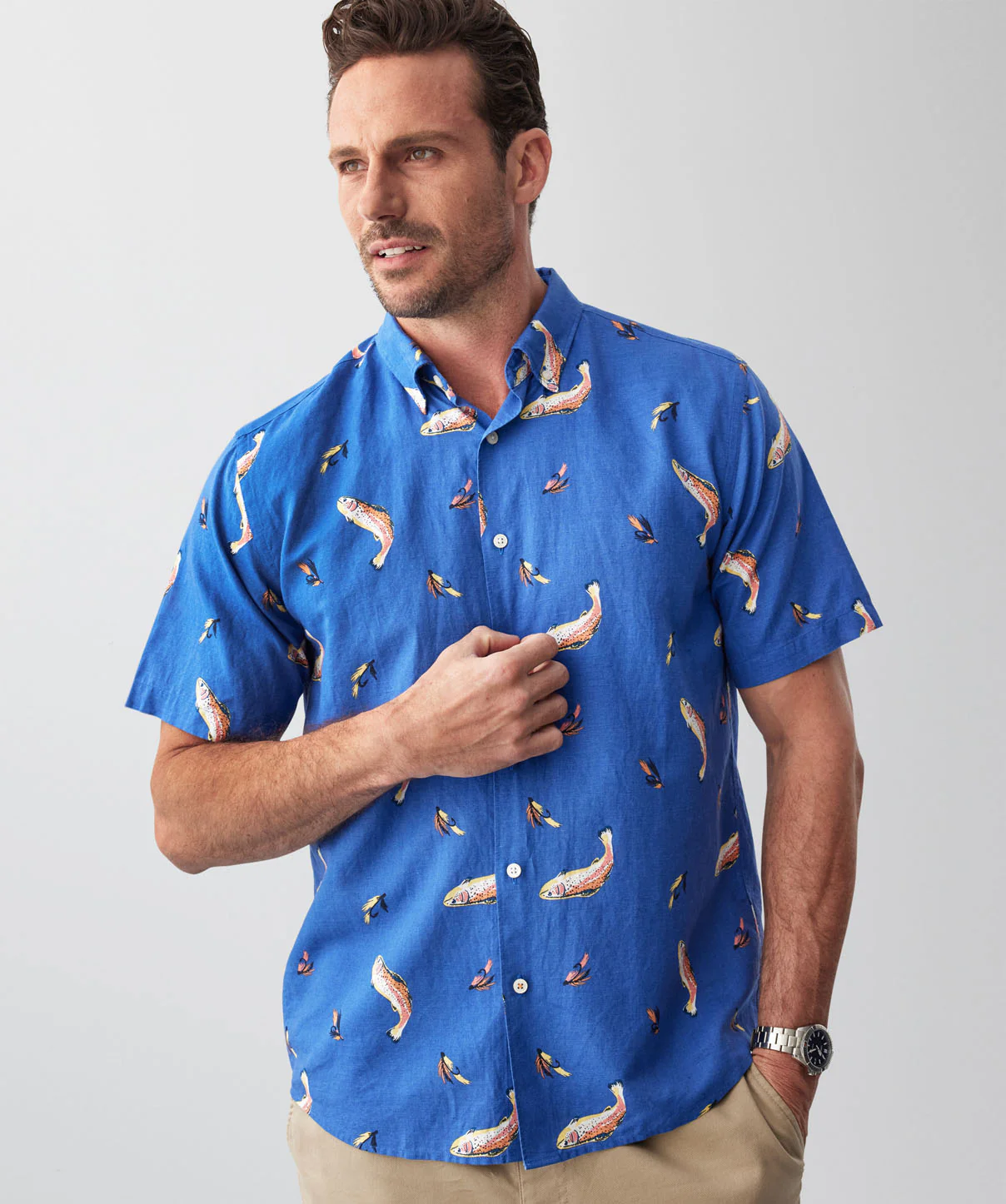 Linen Blend Fish Print Short Sleeve Shirt - Blue - Image 4