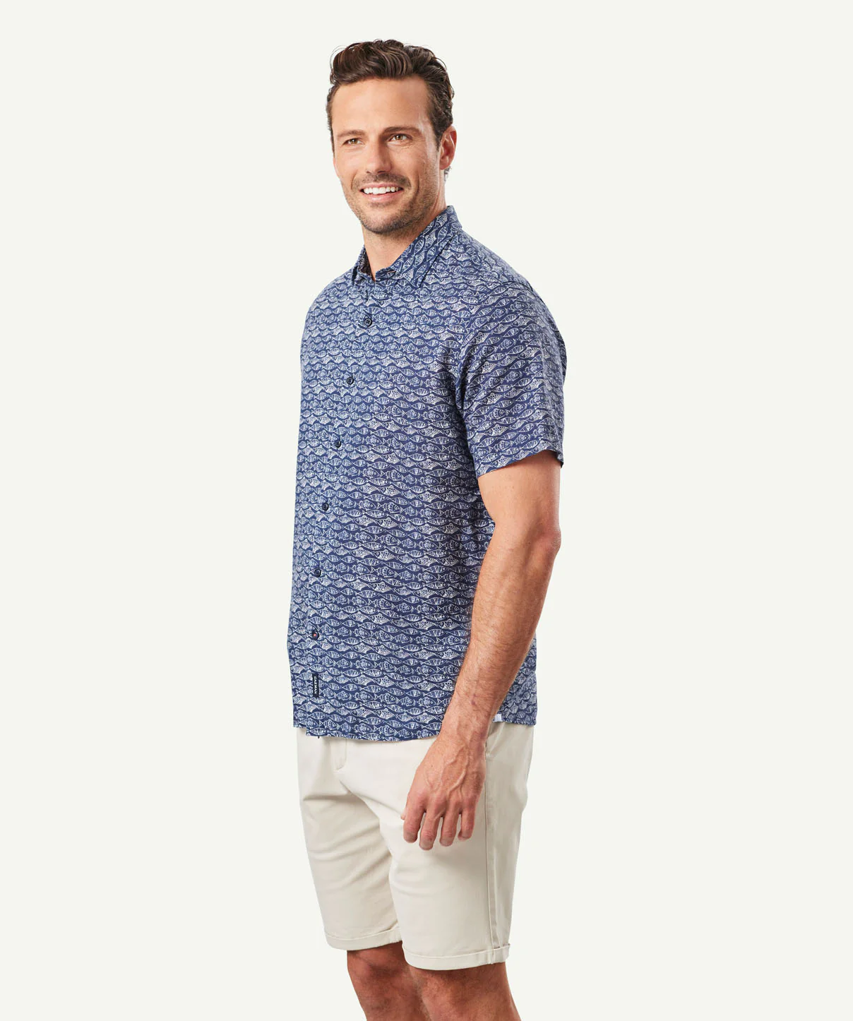 Linen Blend Fish Print Short Sleeve Shirt - Navy - Image 5
